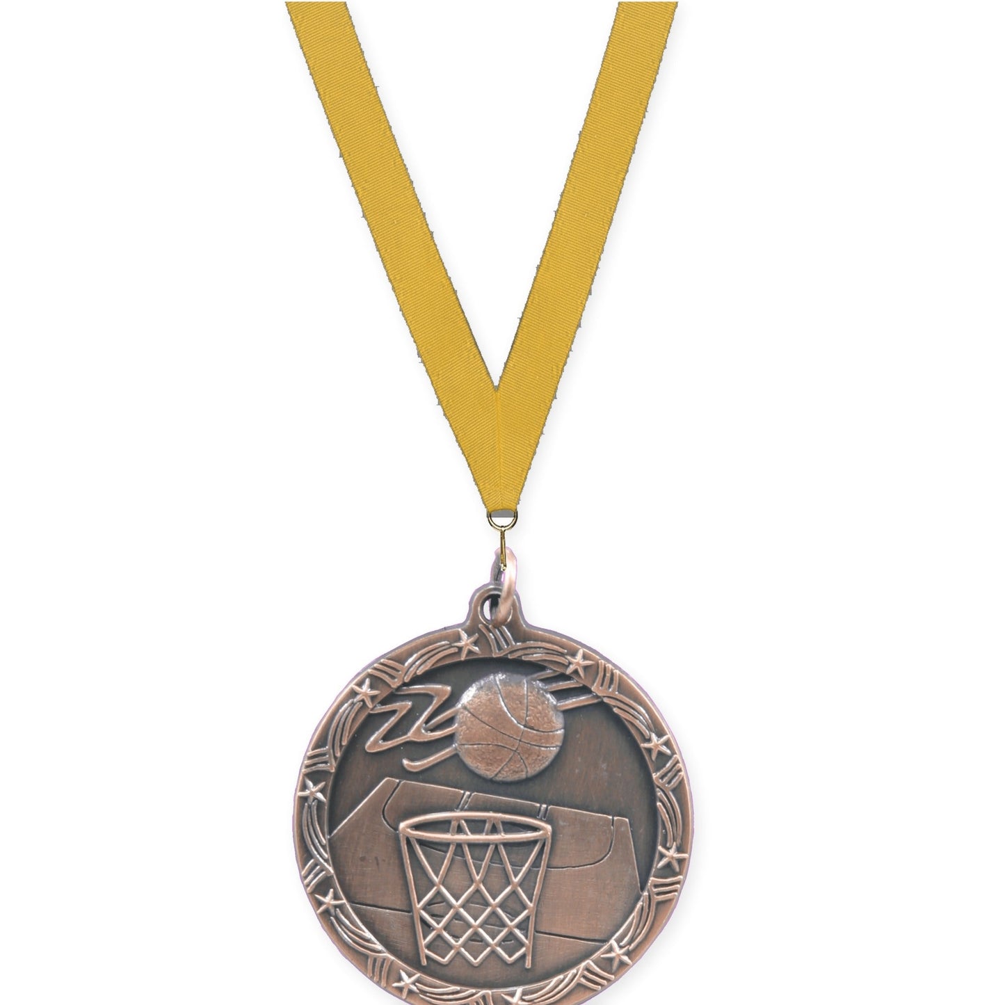 1 3/4 inch basketball Shooting Star medal in antique bronze with Gold neck ribbon