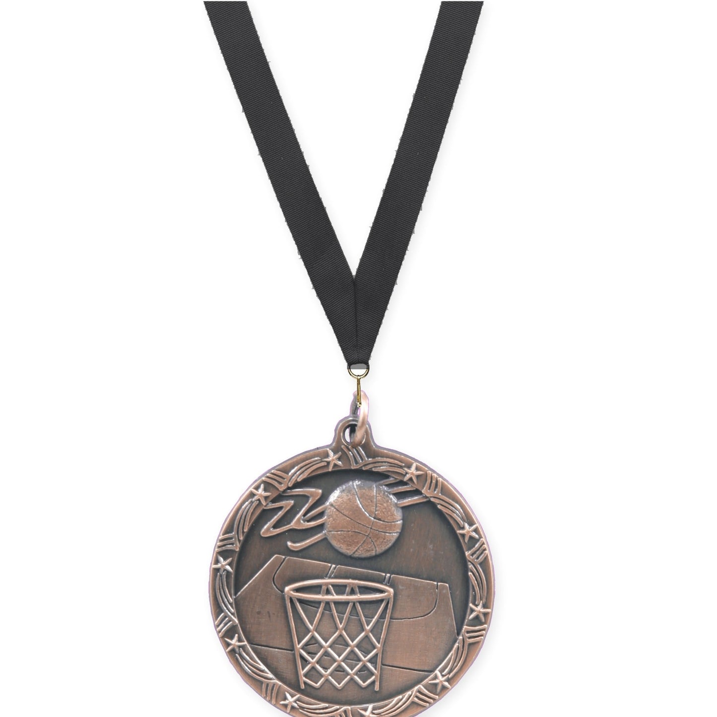 1 3/4 inch basketball Shooting Star medal in antique bronze with Black neck ribbon
