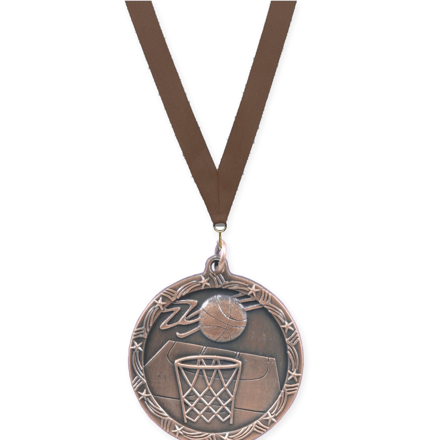 1 3/4 inch basketball Shooting Star medal in antique bronze with Brown neck ribbon