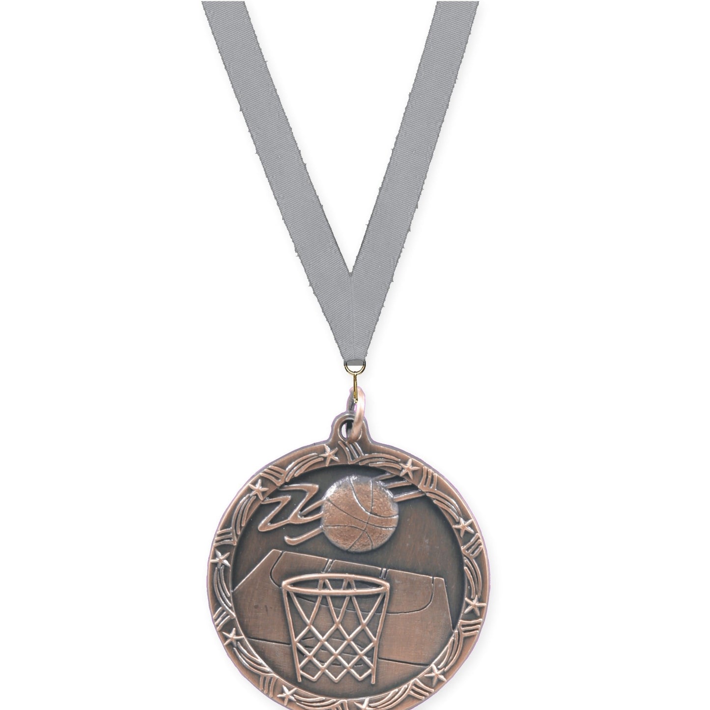 1 3/4 inch basketball Shooting Star medal in antique bronze with Gray neck ribbon
