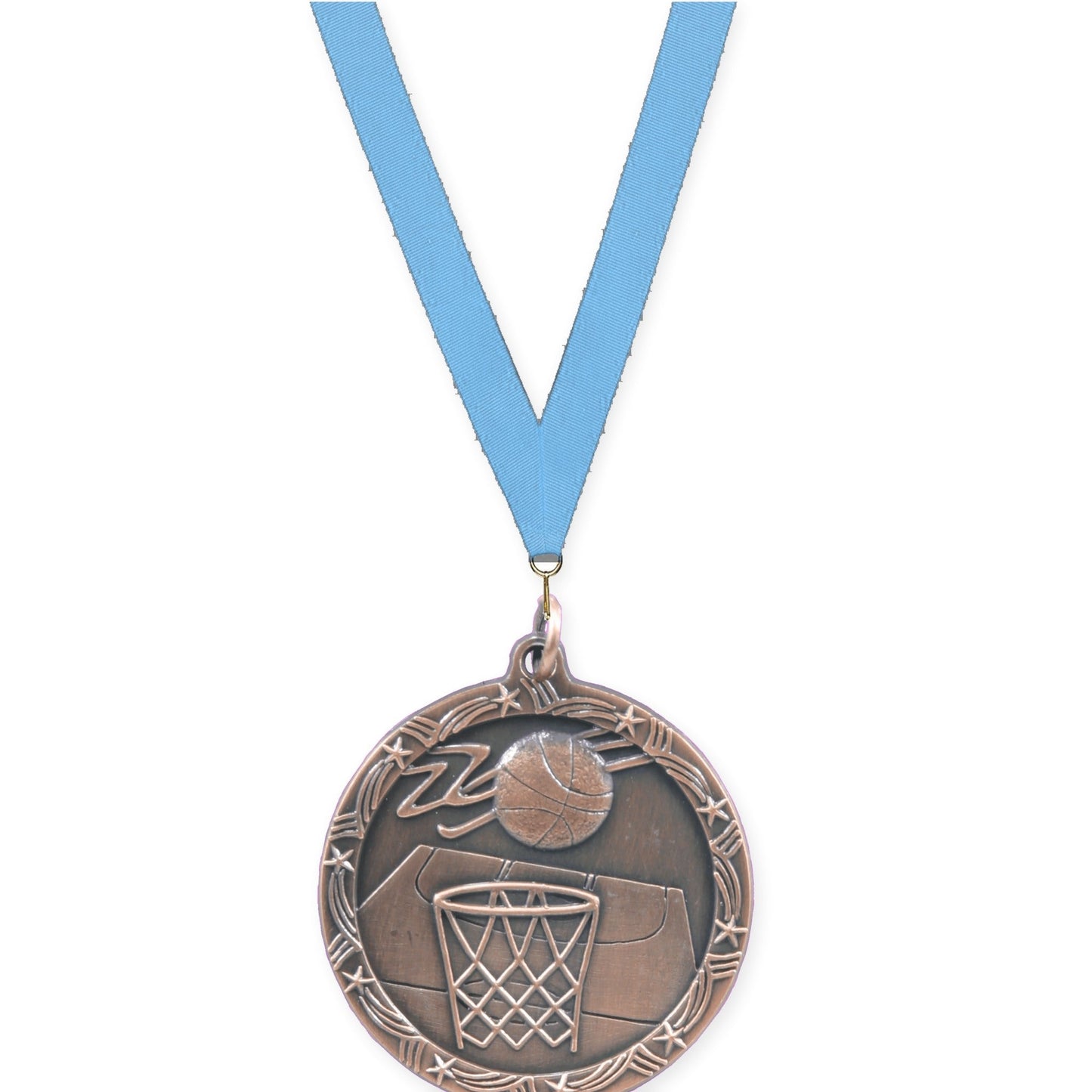 1 3/4 inch basketball Shooting Star medal in antique bronze with Light Blue neck ribbon
