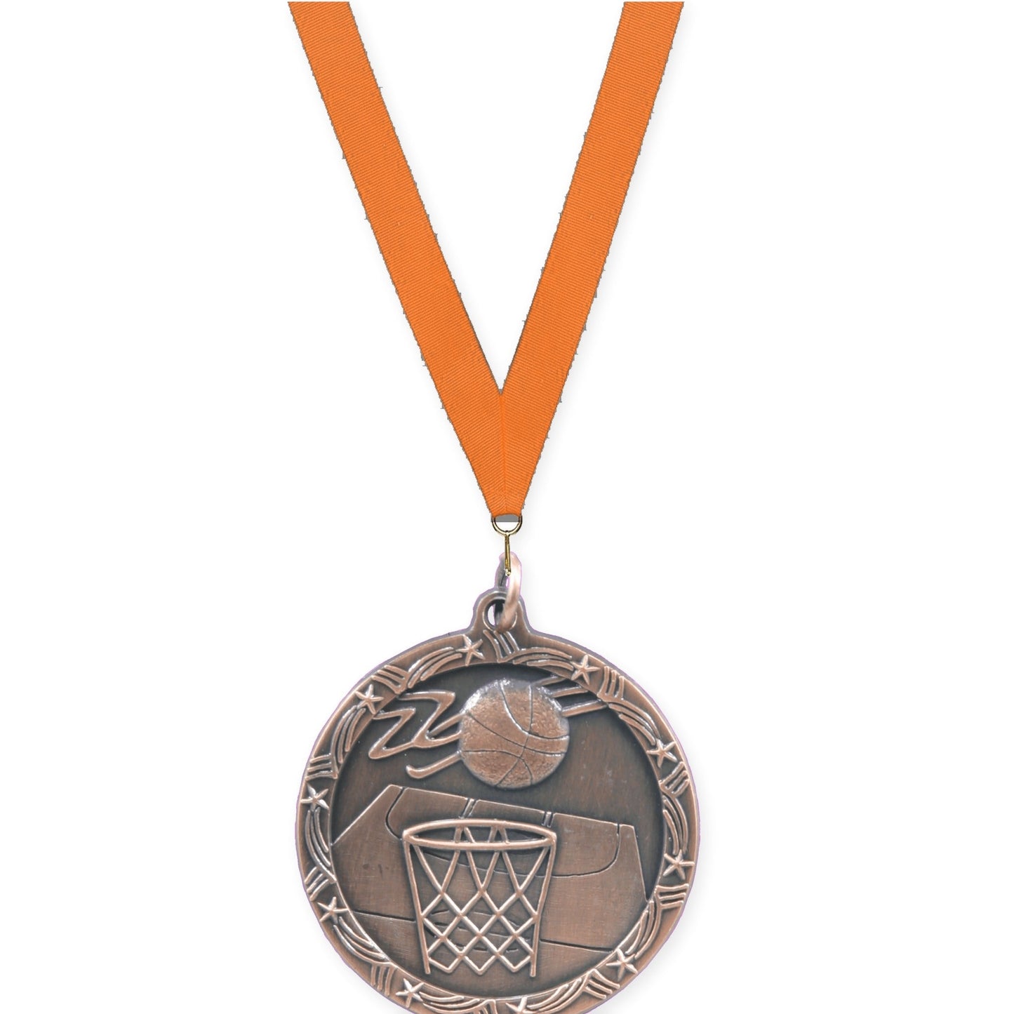 1 3/4 inch basketball Shooting Star medal in antique bronze with Orange neck ribbon