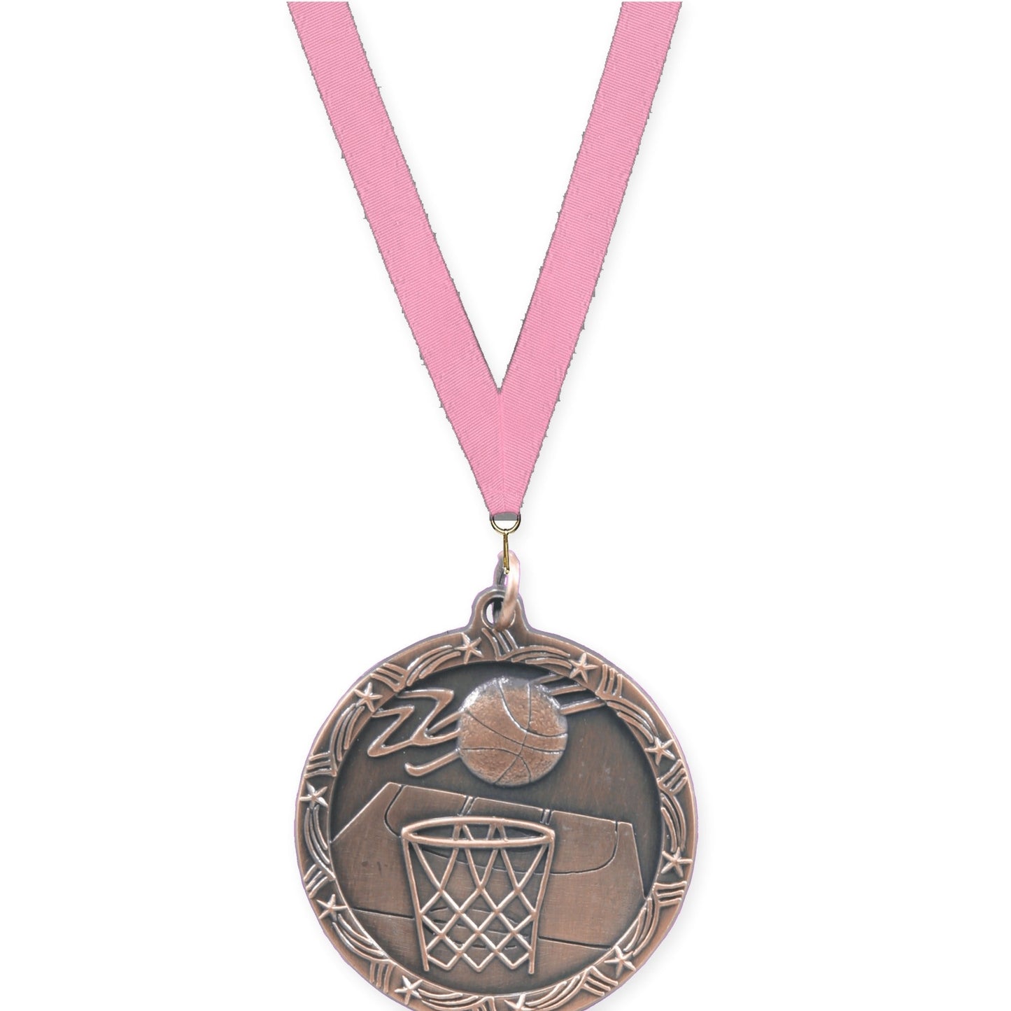 1 3/4 inch basketball Shooting Star medal in antique bronze with Pink neck ribbon