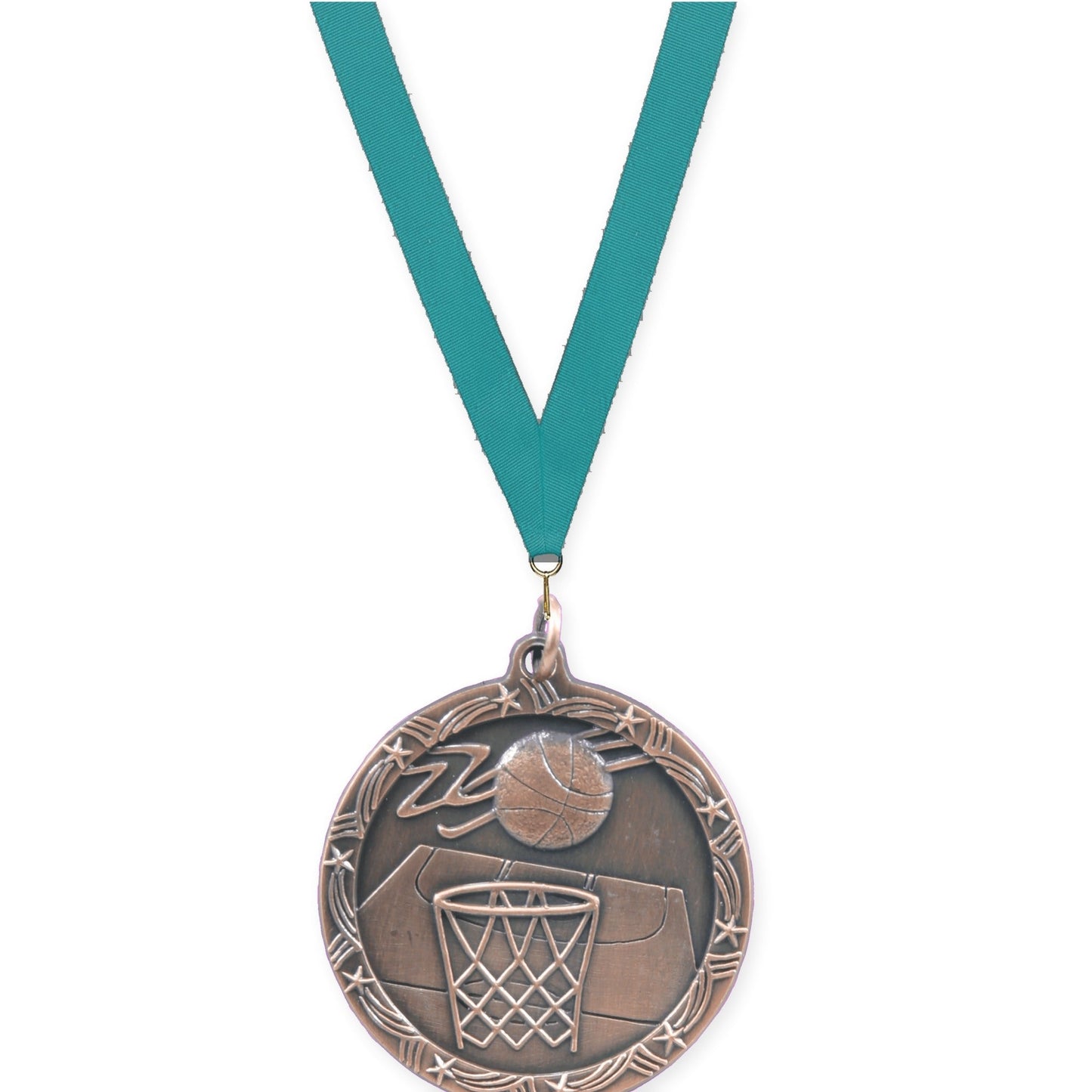 1 3/4 inch basketball Shooting Star medal in antique bronze with Teal neck ribbon