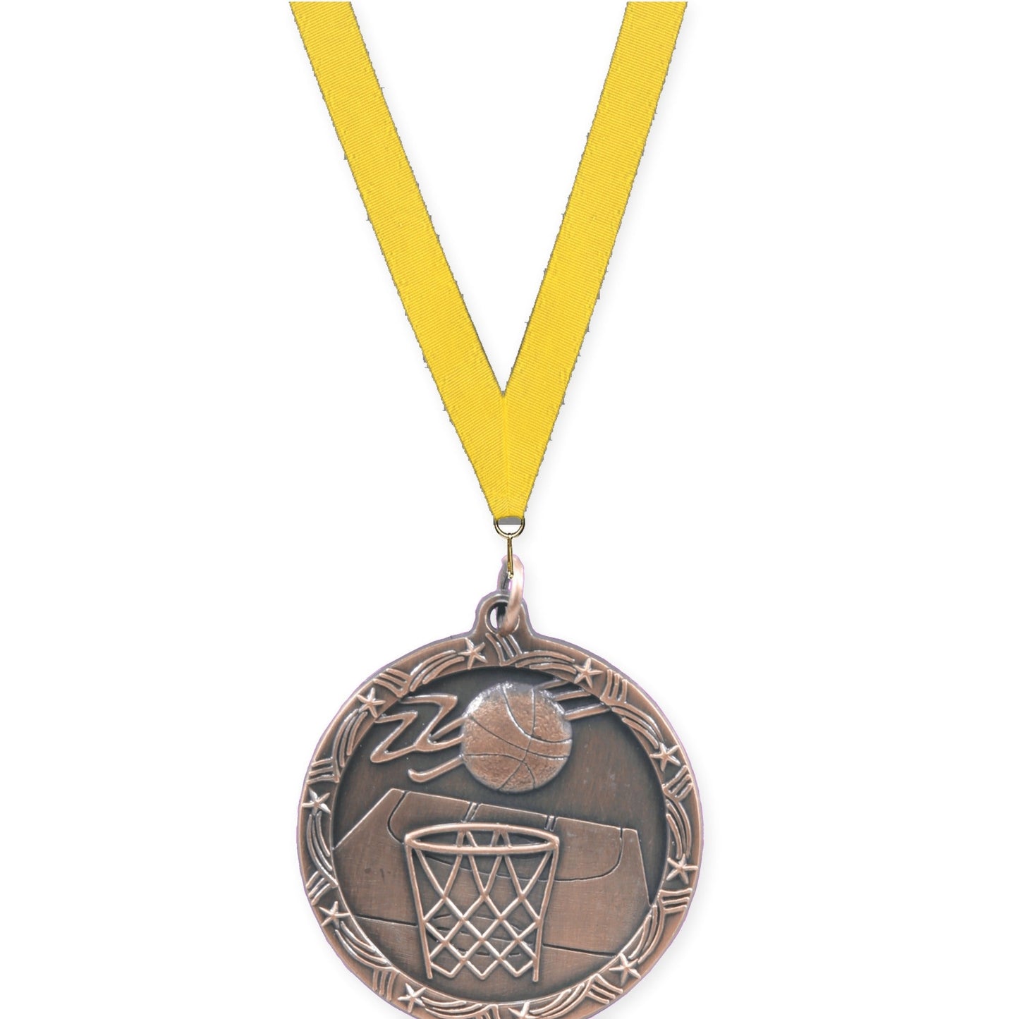 1 3/4 inch basketball Shooting Star medal in antique bronze with Yellow neck ribbon