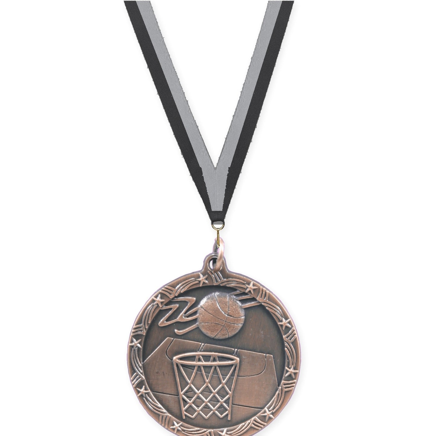 1 3/4 inch basketball Shooting Star medal in antique bronze with Black Gray neck ribbon