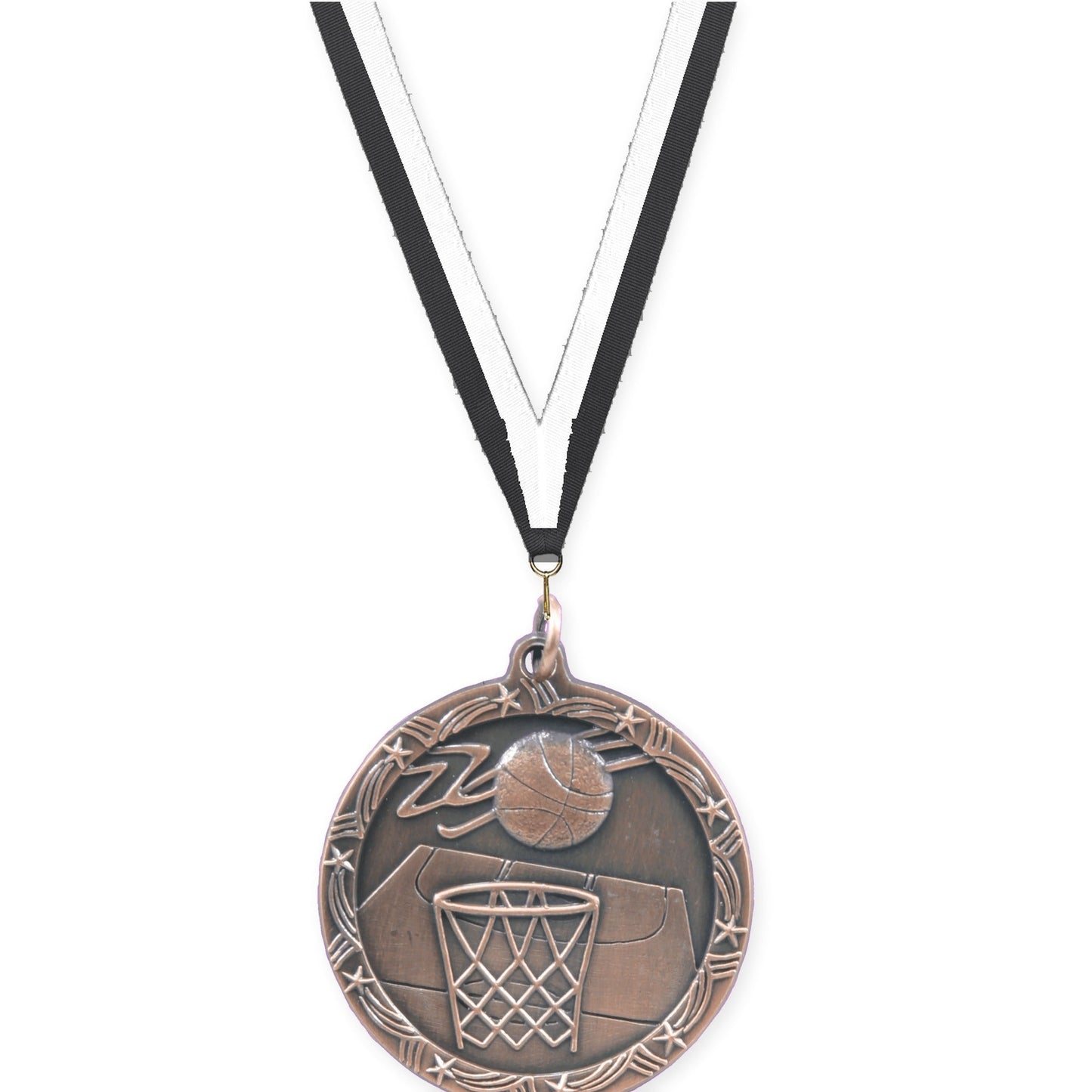 1 3/4 inch basketball Shooting Star medal in antique bronze with Black White neck ribbon