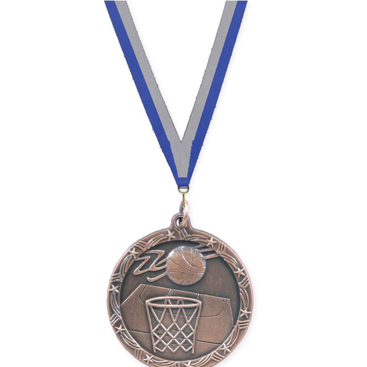 1 3/4 inch basketball Shooting Star medal in antique bronze with Blue Gray neck ribbon