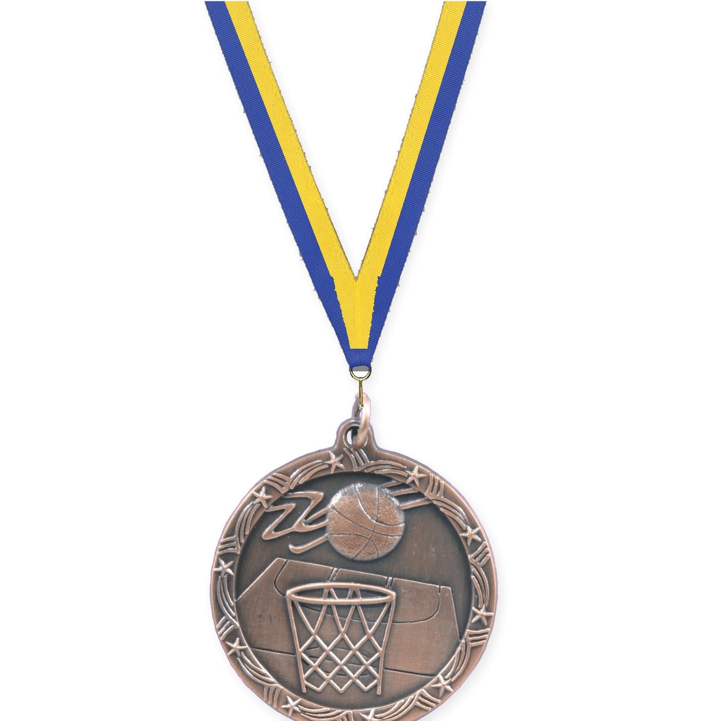 1 3/4 inch basketball Shooting Star medal in antique bronze with Blue Yellow neck ribbon