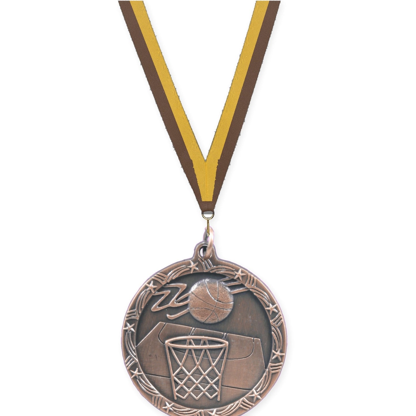 1 3/4 inch basketball Shooting Star medal in antique bronze with Brown Gold neck ribbon