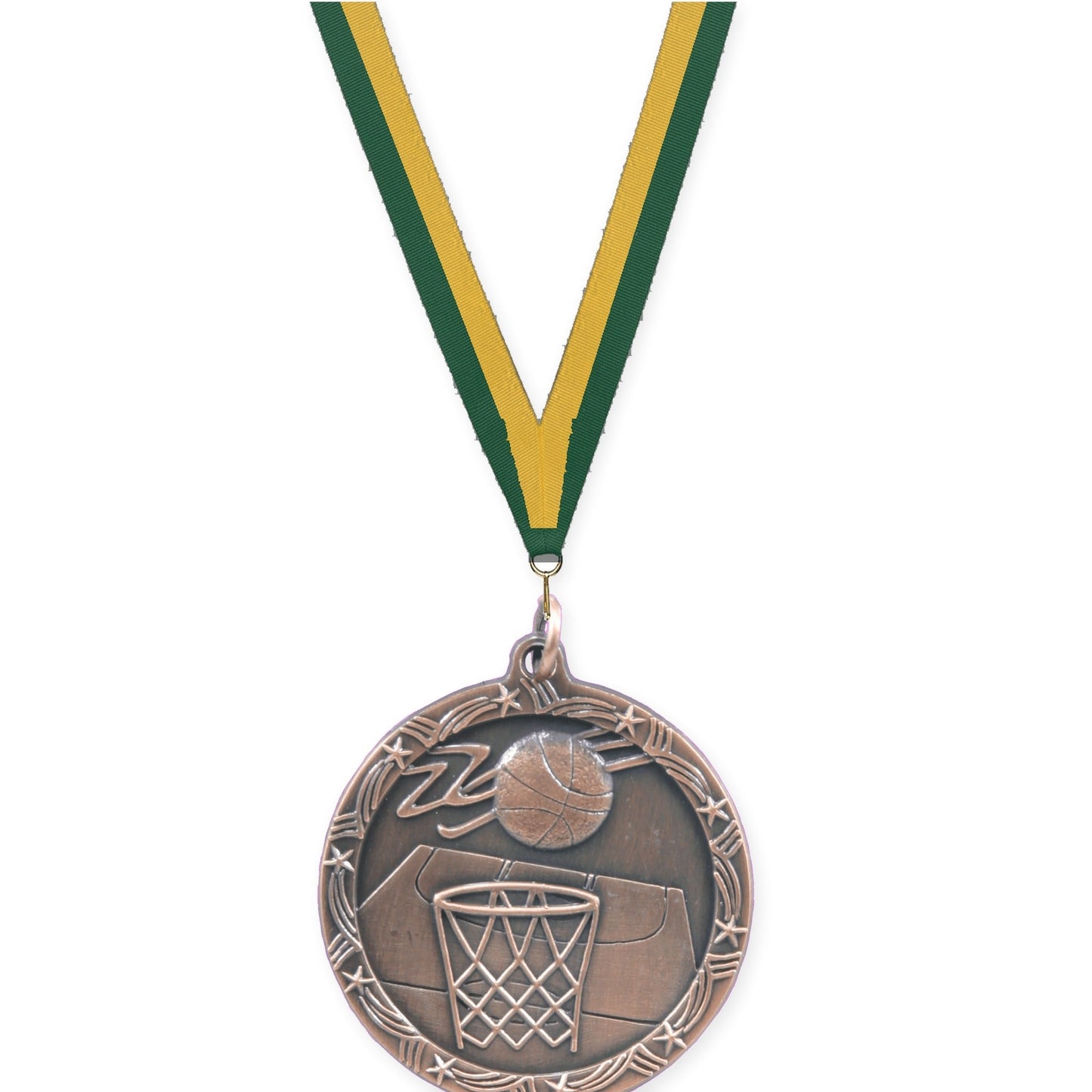 1 3/4 inch basketball Shooting Star medal in antique bronze with Hunter Green Gold neck ribbon