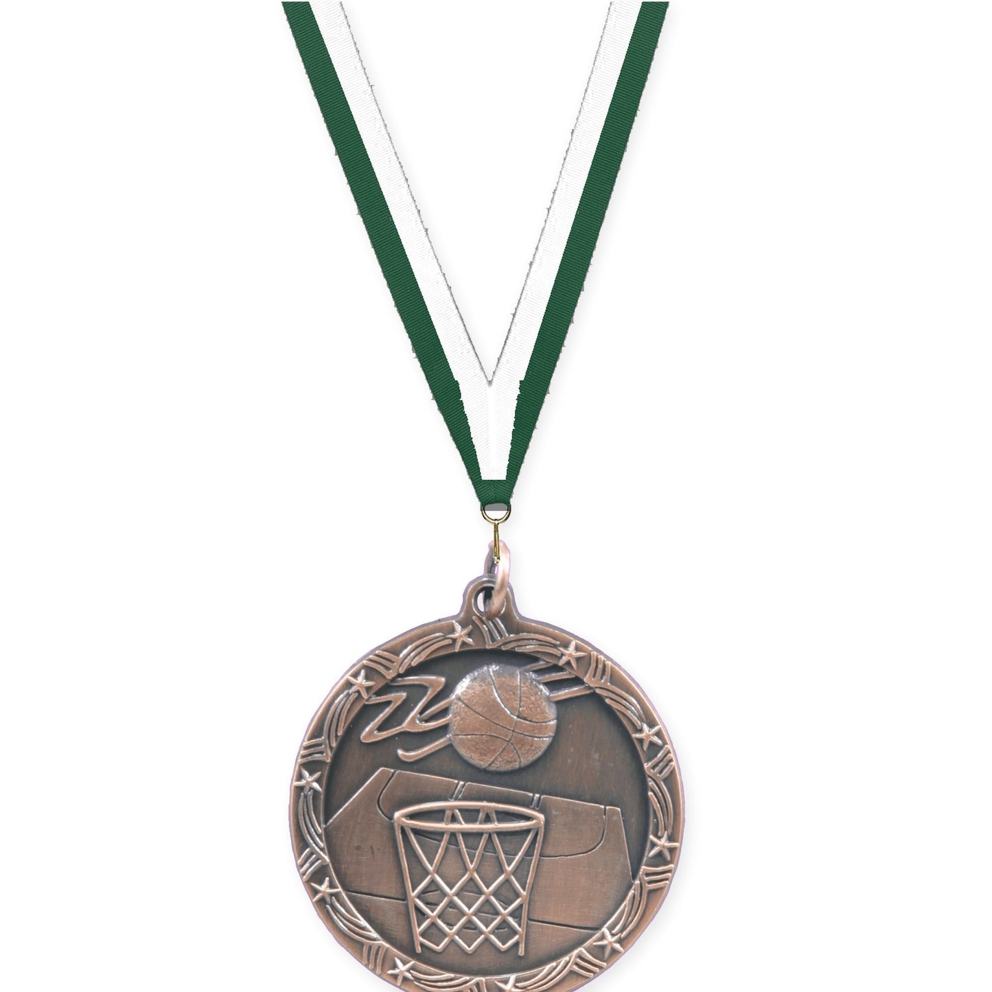 1 3/4 inch basketball Shooting Star medal in antique bronze with Hunter Green White neck ribbon