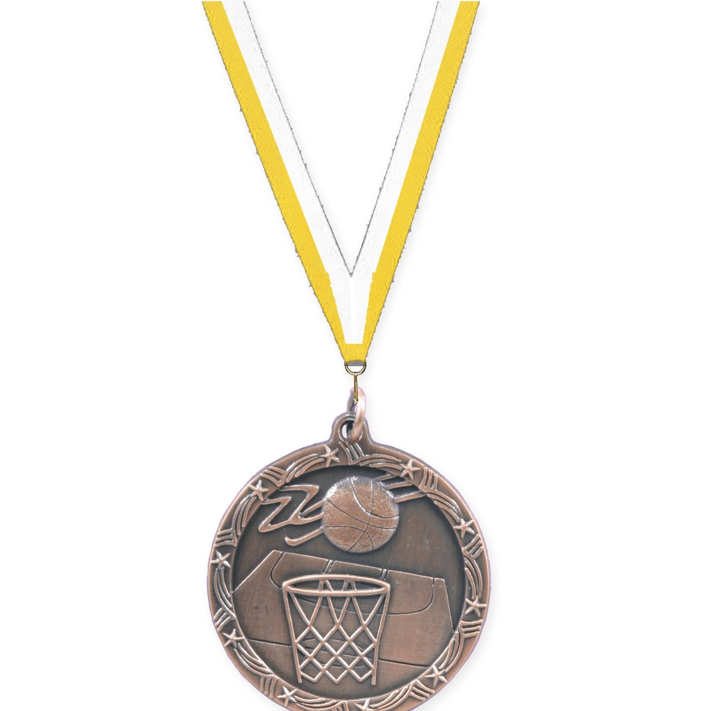 1 3/4 inch basketball Shooting Star medal in antique bronze with Yellow White neck ribbon