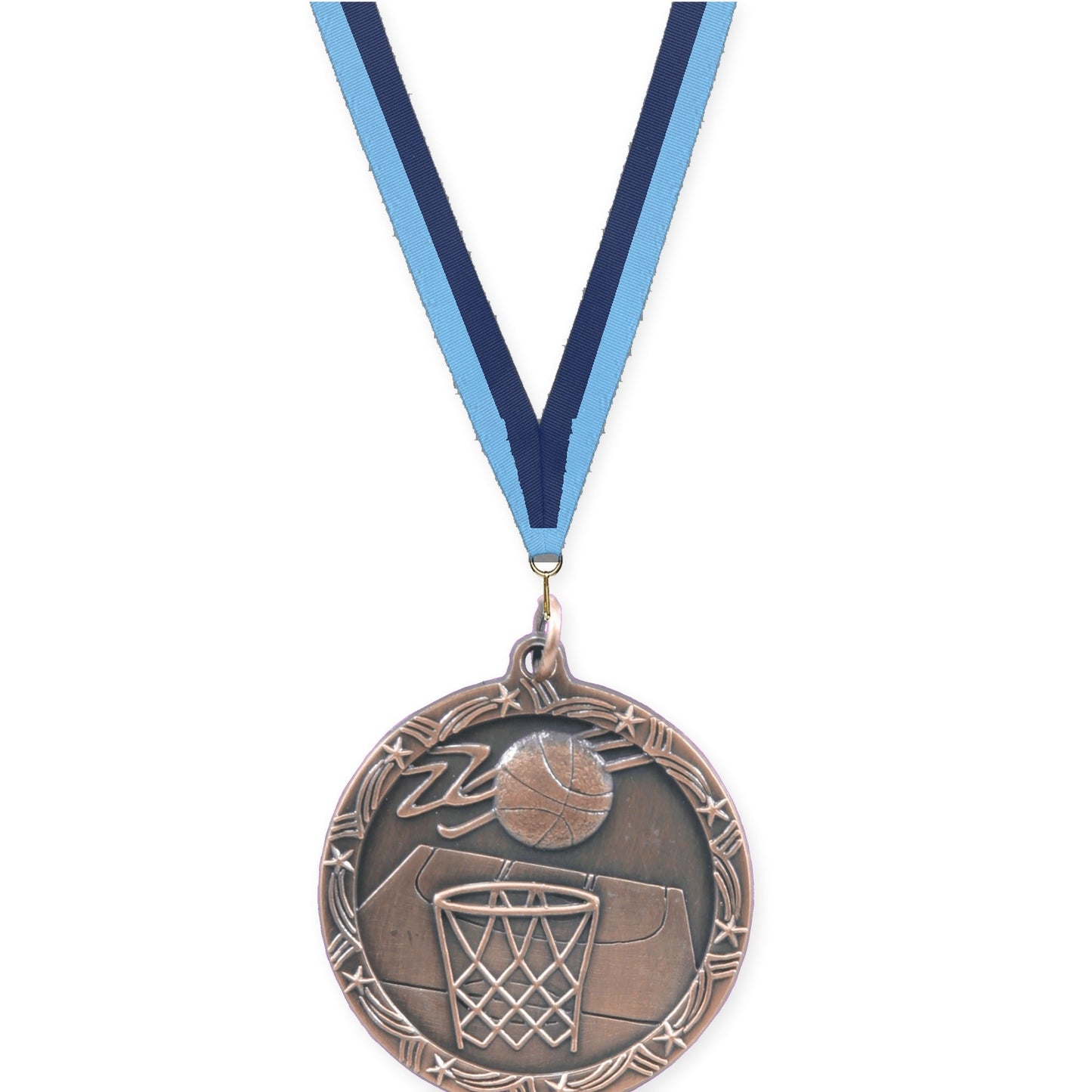 1 3/4 inch basketball Shooting Star medal in antique bronze with Light Blue Navy neck ribbon