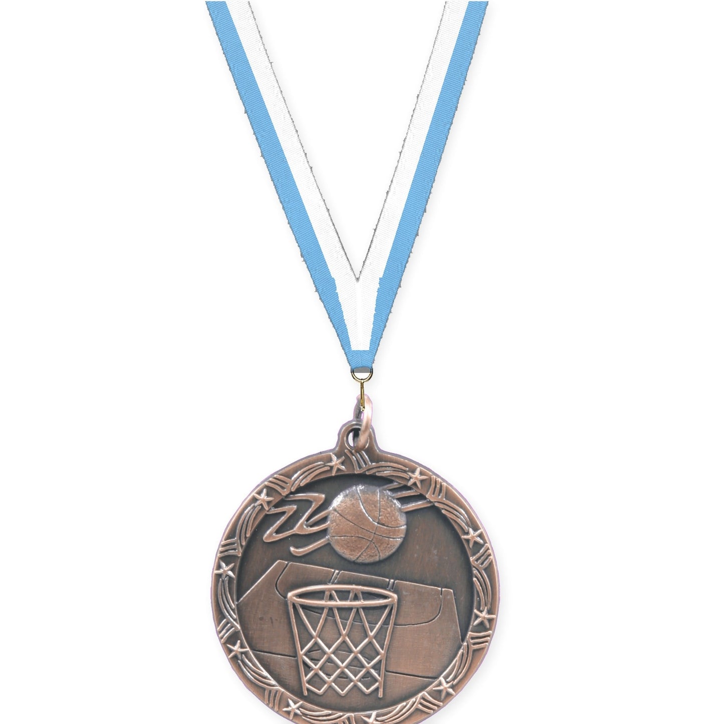 1 3/4 inch basketball Shooting Star medal in antique bronze with Light Blue White neck ribbon