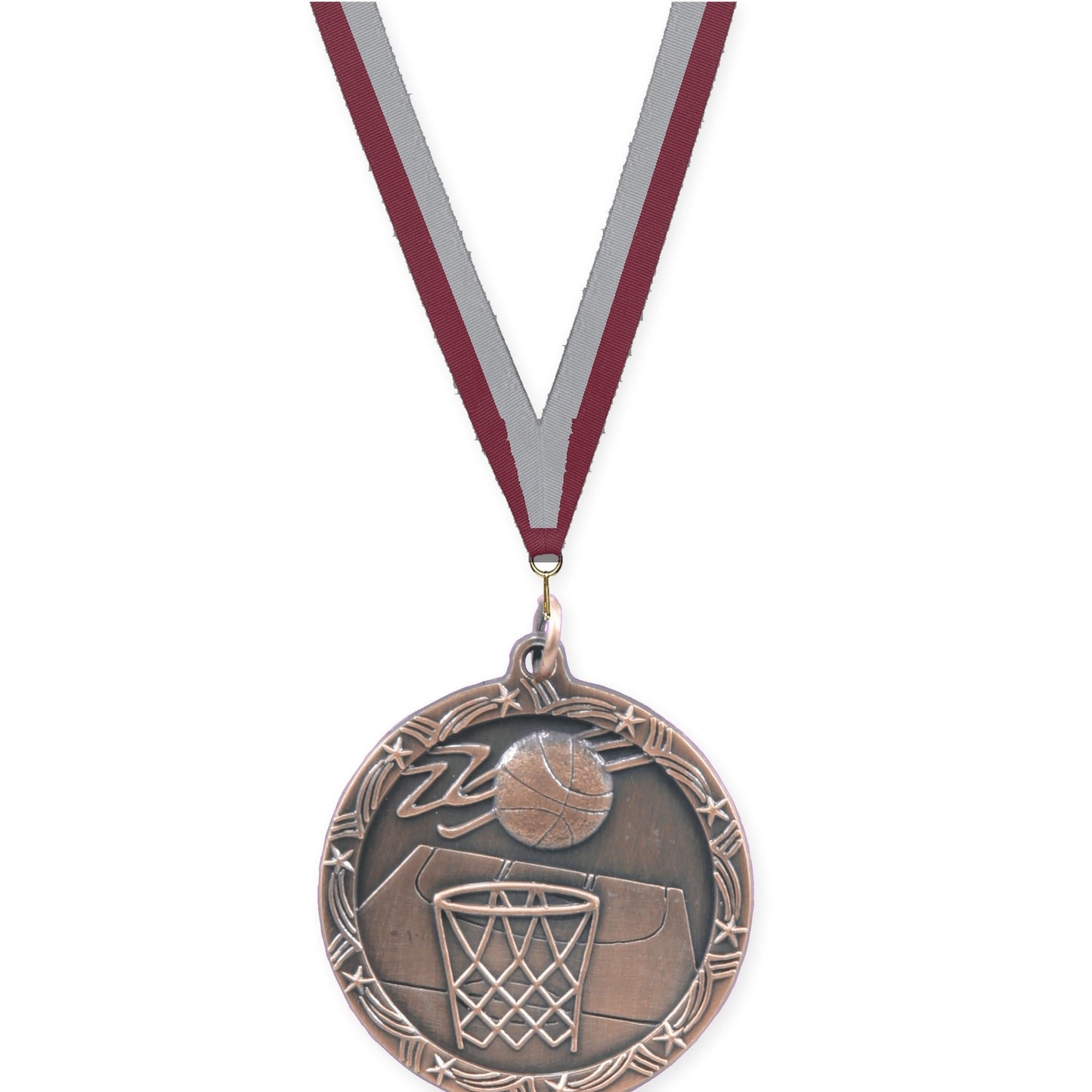 1 3/4 inch basketball Shooting Star medal in antique bronze with Maroon Gray neck ribbon