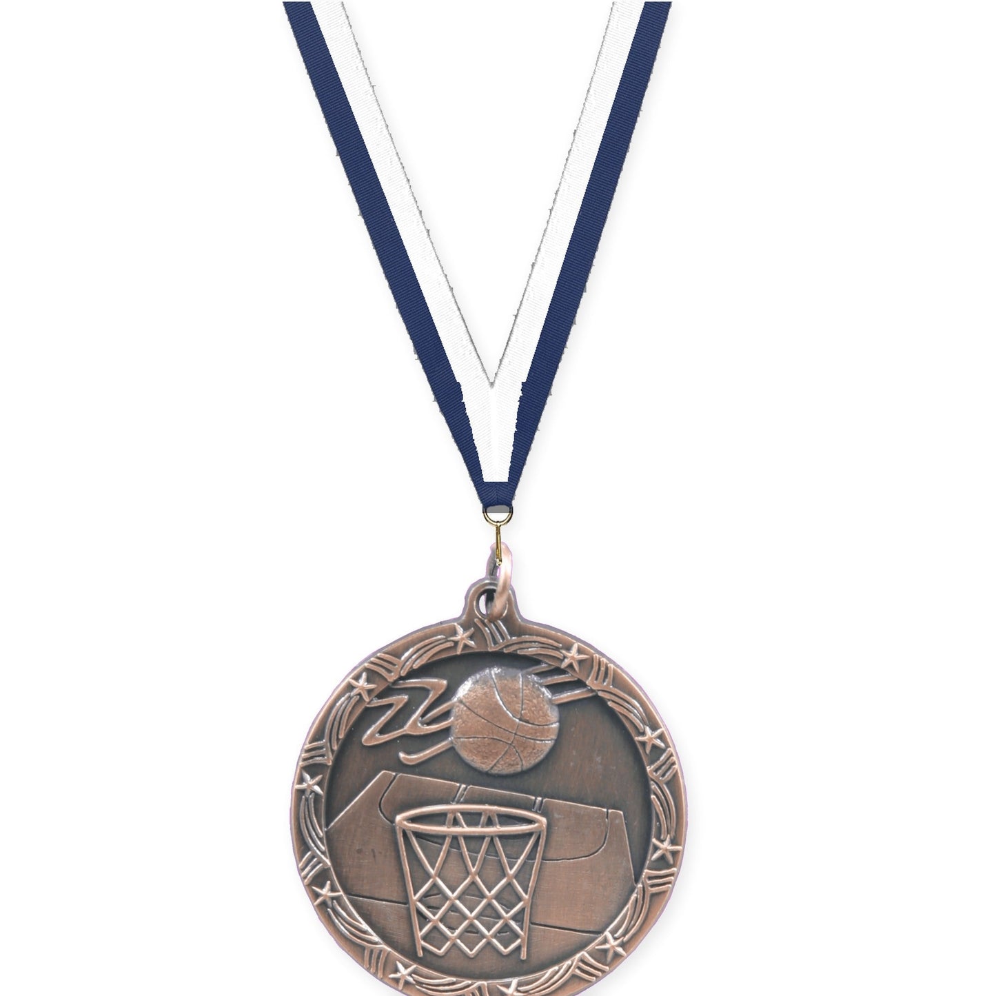 1 3/4 inch basketball Shooting Star medal in antique bronze with Navy White neck ribbon