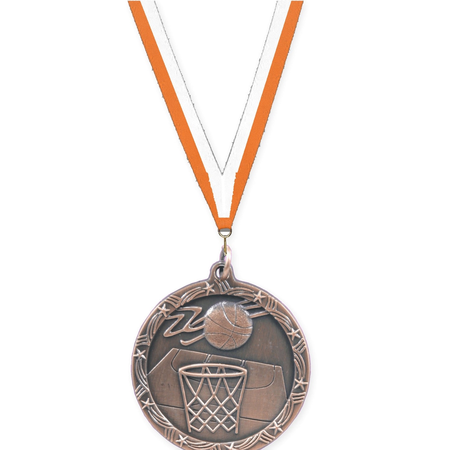 1 3/4 inch basketball Shooting Star medal in antique bronze with Orange White neck ribbon