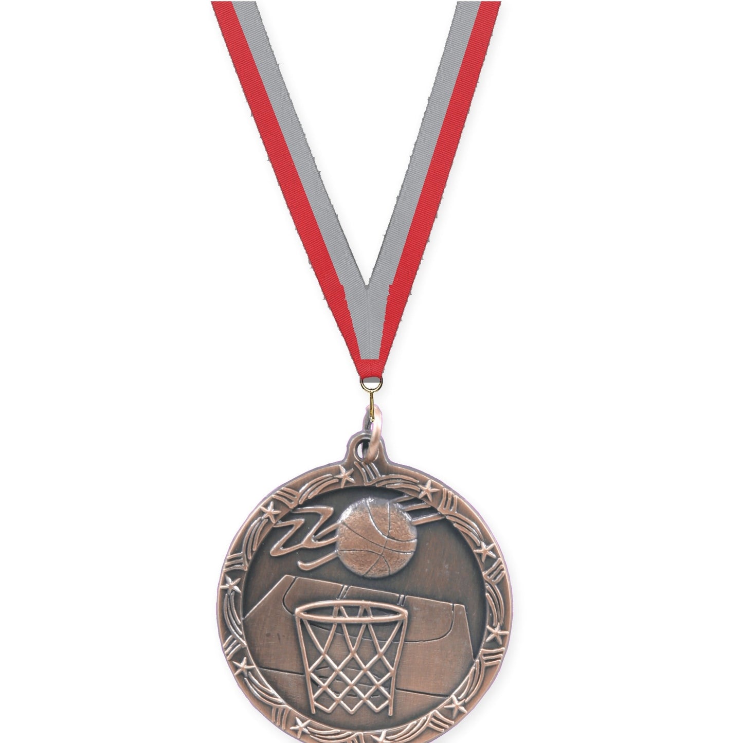 1 3/4 inch basketball Shooting Star medal in antique bronze with Red Gray neck ribbon