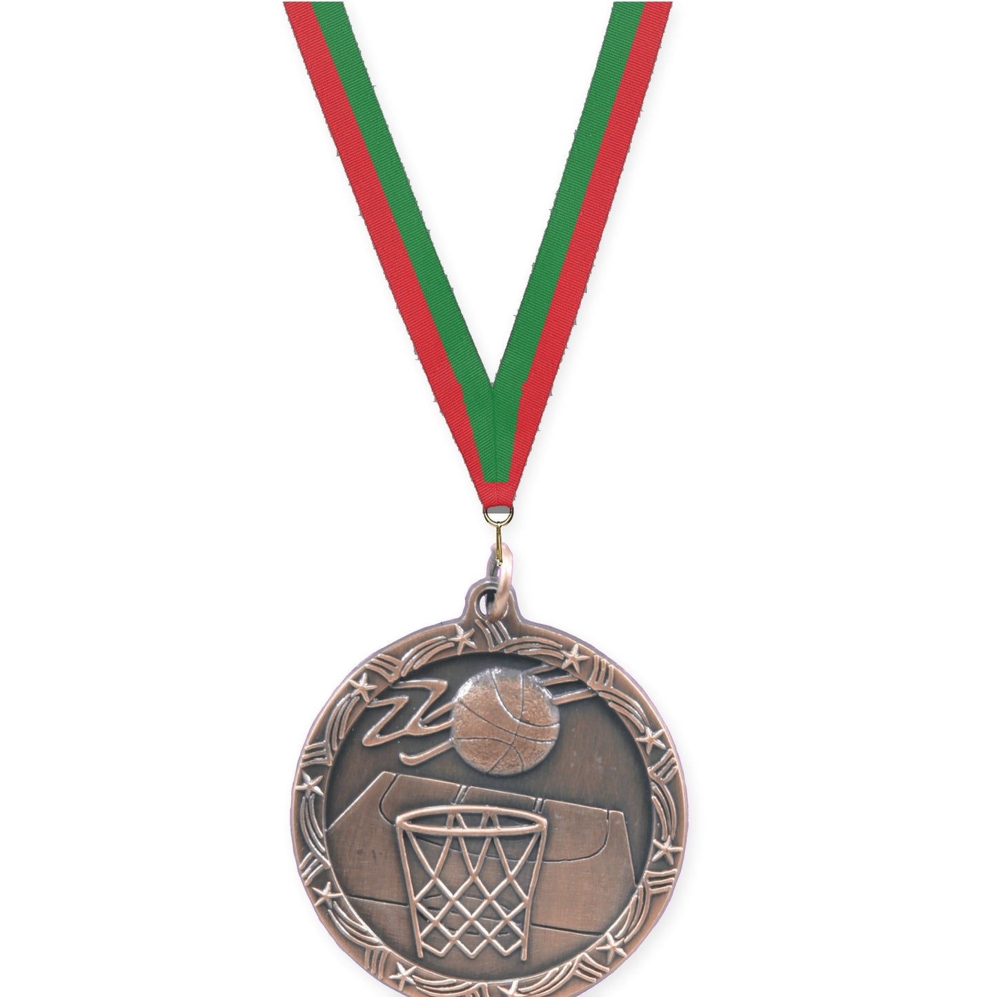 1 3/4 inch basketball Shooting Star medal in antique bronze with Red Green neck ribbon