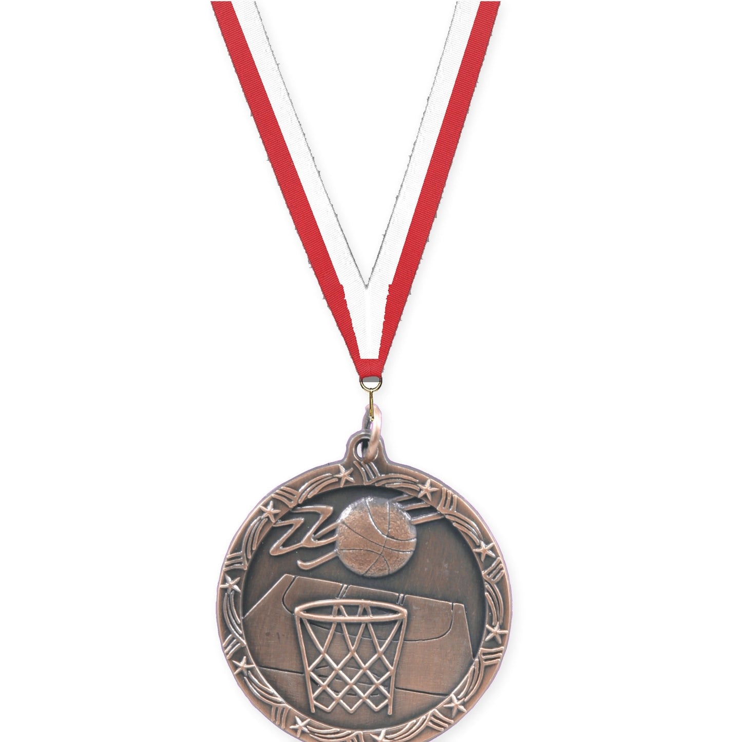 1 3/4 inch basketball Shooting Star medal in antique bronze with Red White neck ribbon