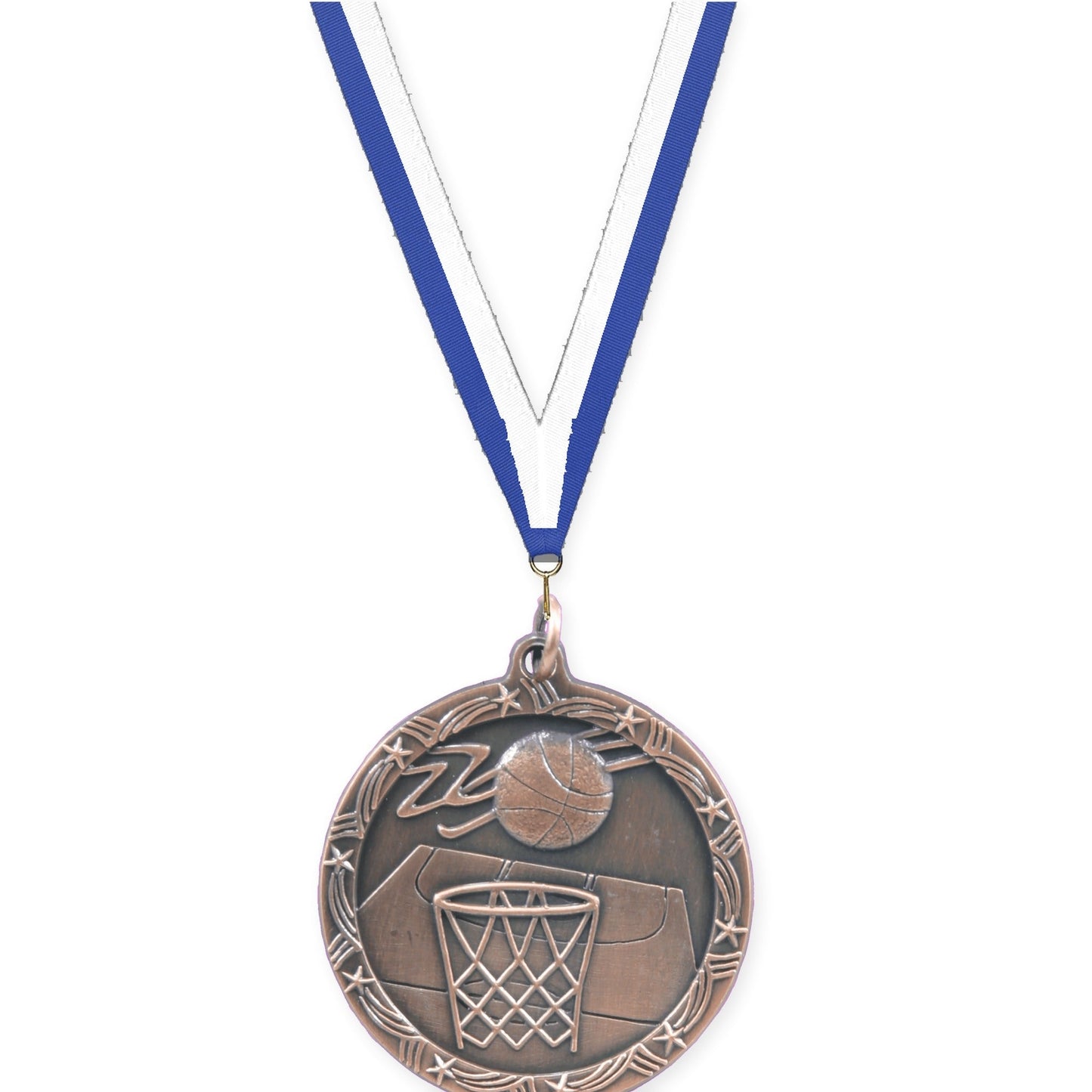 1 3/4 inch basketball Shooting Star medal in antique bronze with Blue White neck ribbon