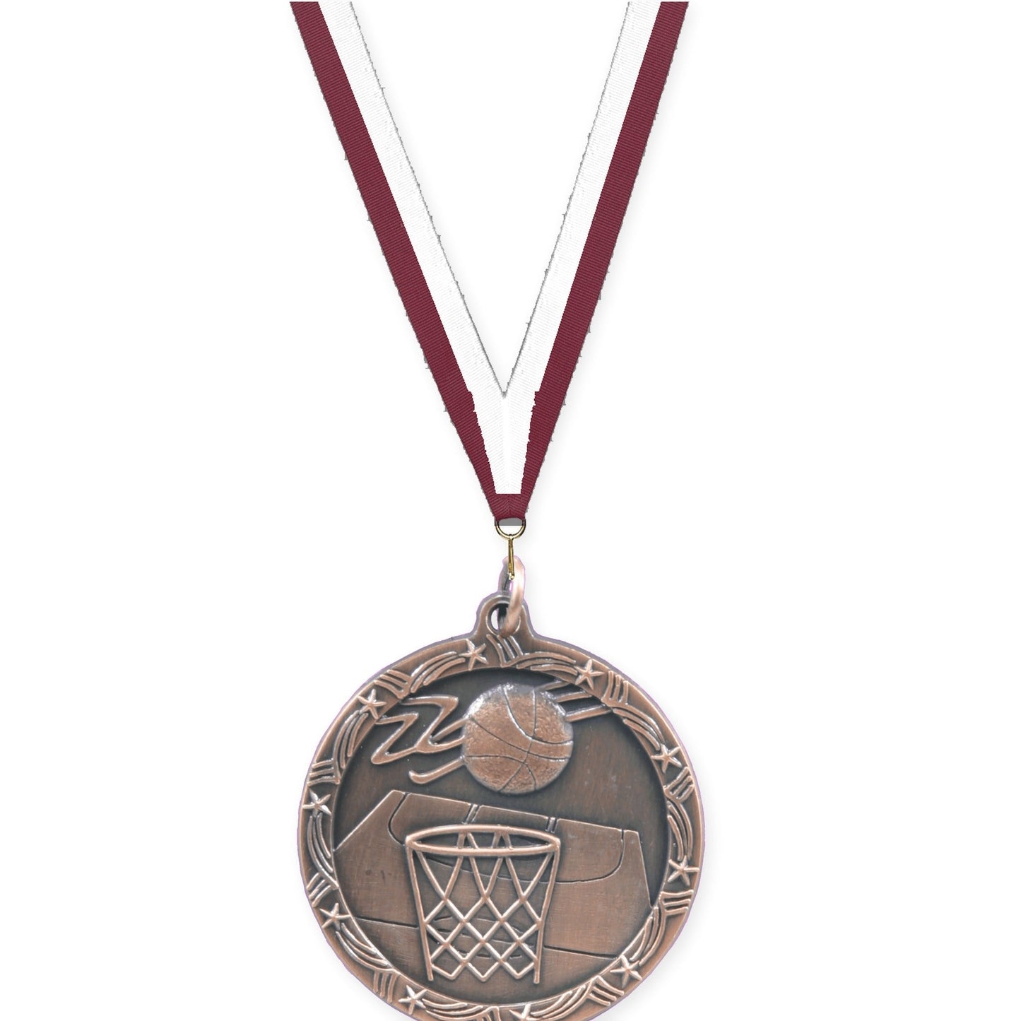 1 3/4 inch basketball Shooting Star medal in antique bronze with Maroon White neck ribbon