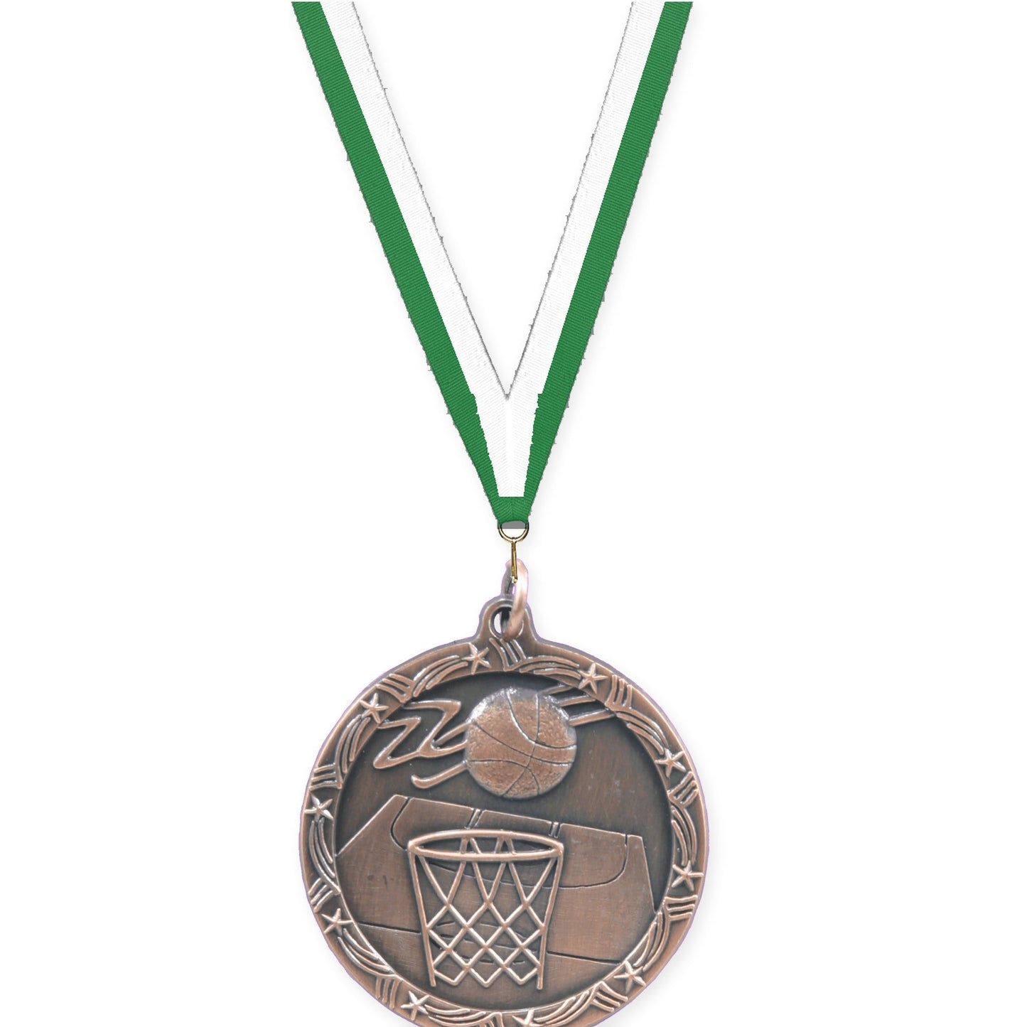 1 3/4 inch basketball Shooting Star medal in antique bronze with Green White neck ribbon