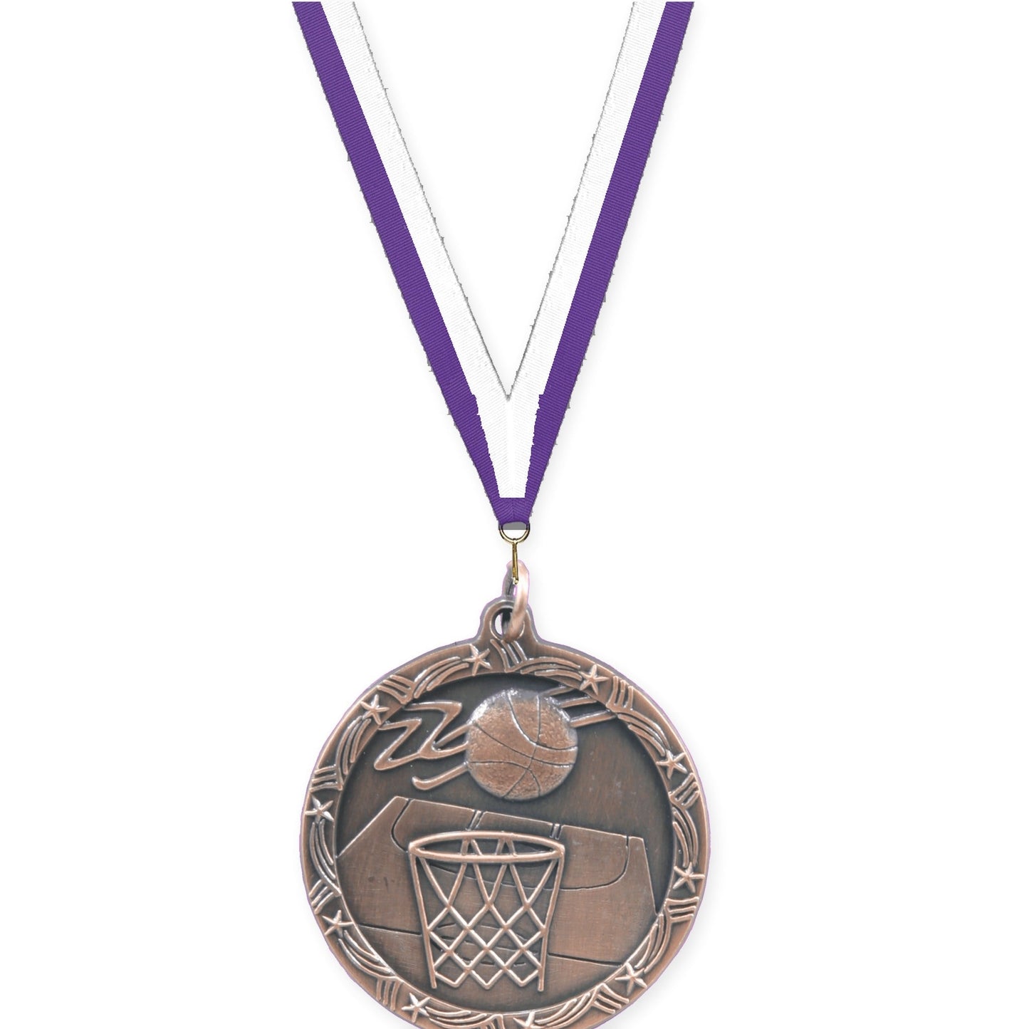 1 3/4 inch basketball Shooting Star medal in antique bronze with Purple White neck ribbon