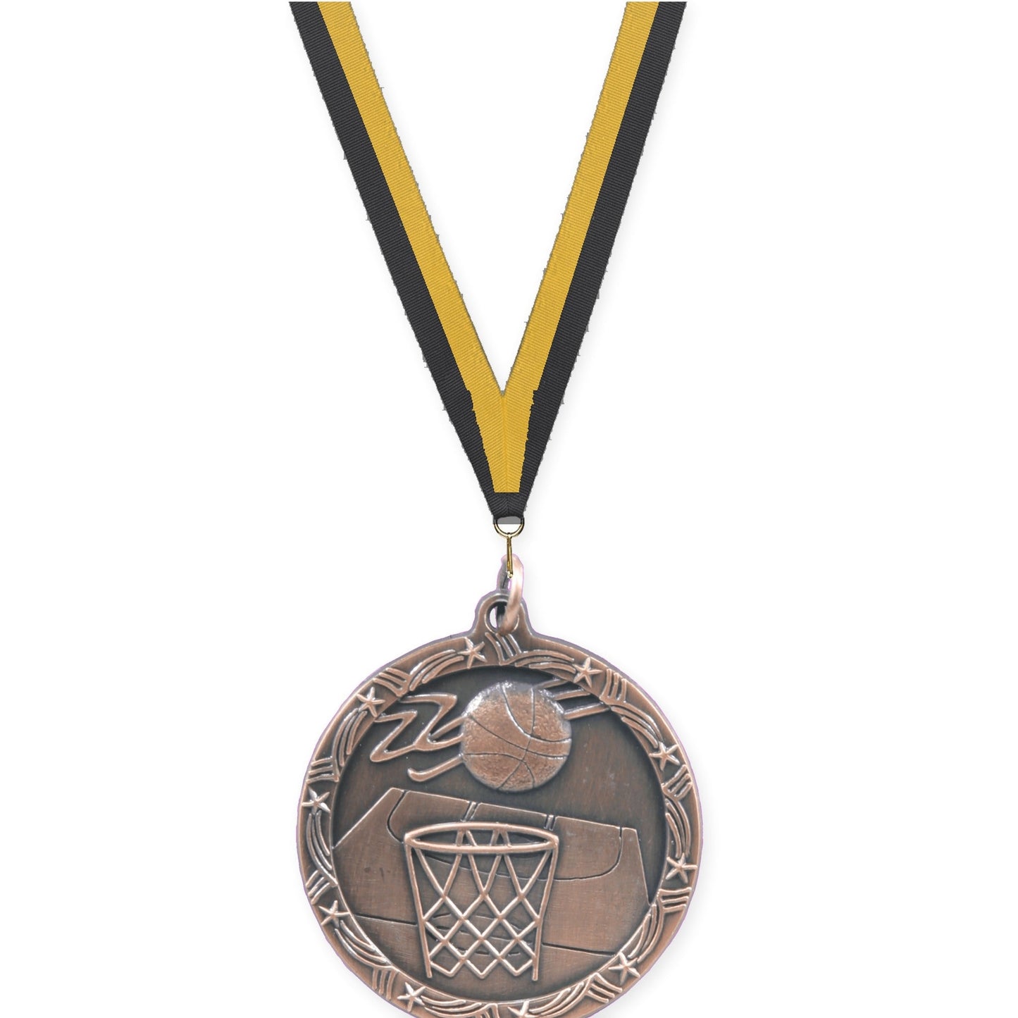 1 3/4 inch basketball Shooting Star medal in antique bronze with Black Gold neck ribbon