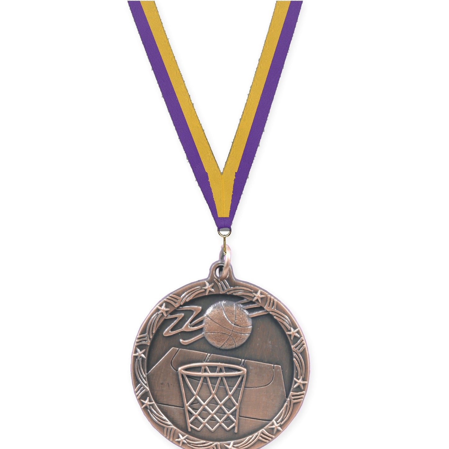 1 3/4 inch basketball Shooting Star medal in antique bronze with Purple Gold neck ribbon