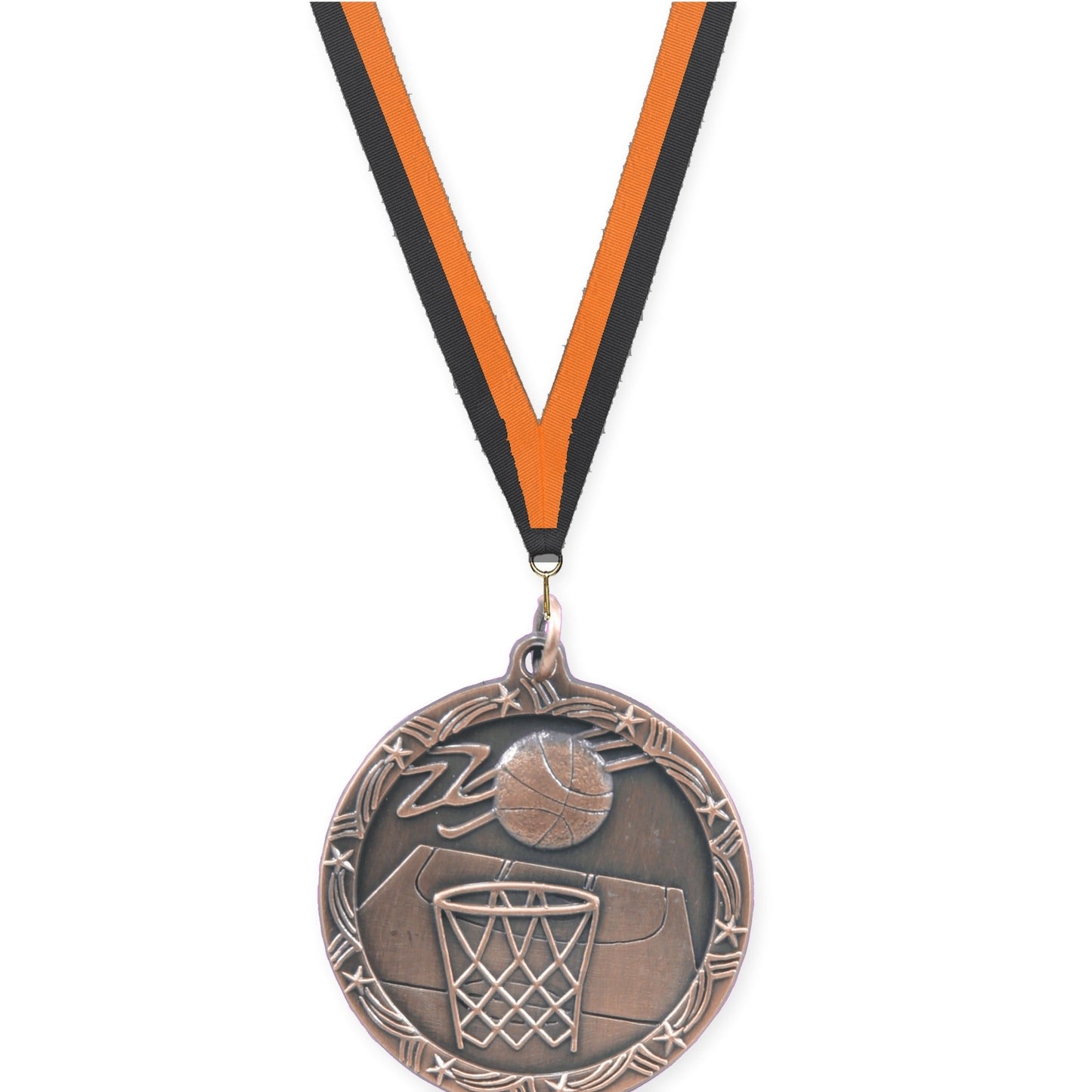 1 3/4 inch basketball Shooting Star medal in antique bronze with Black Orange neck ribbon