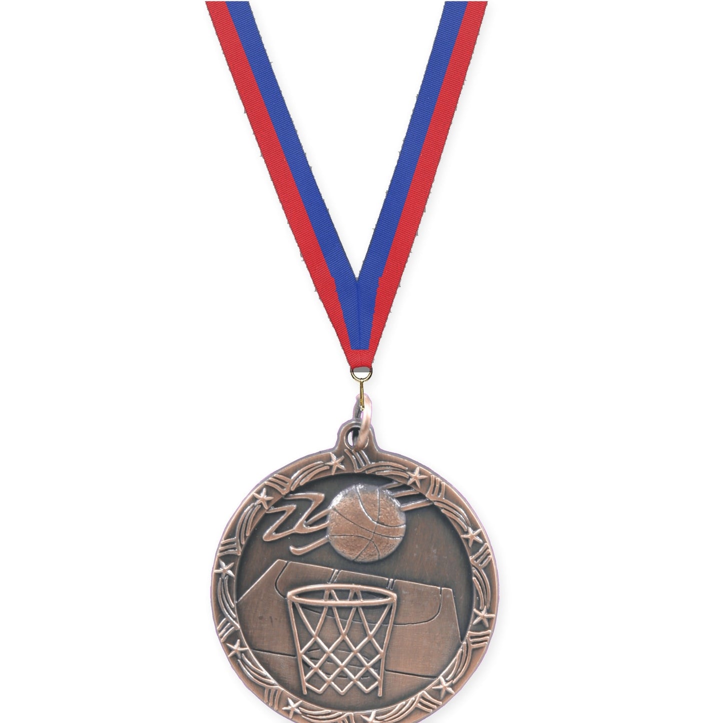 1 3/4 inch basketball Shooting Star medal in antique bronze with Blue Red neck ribbon
