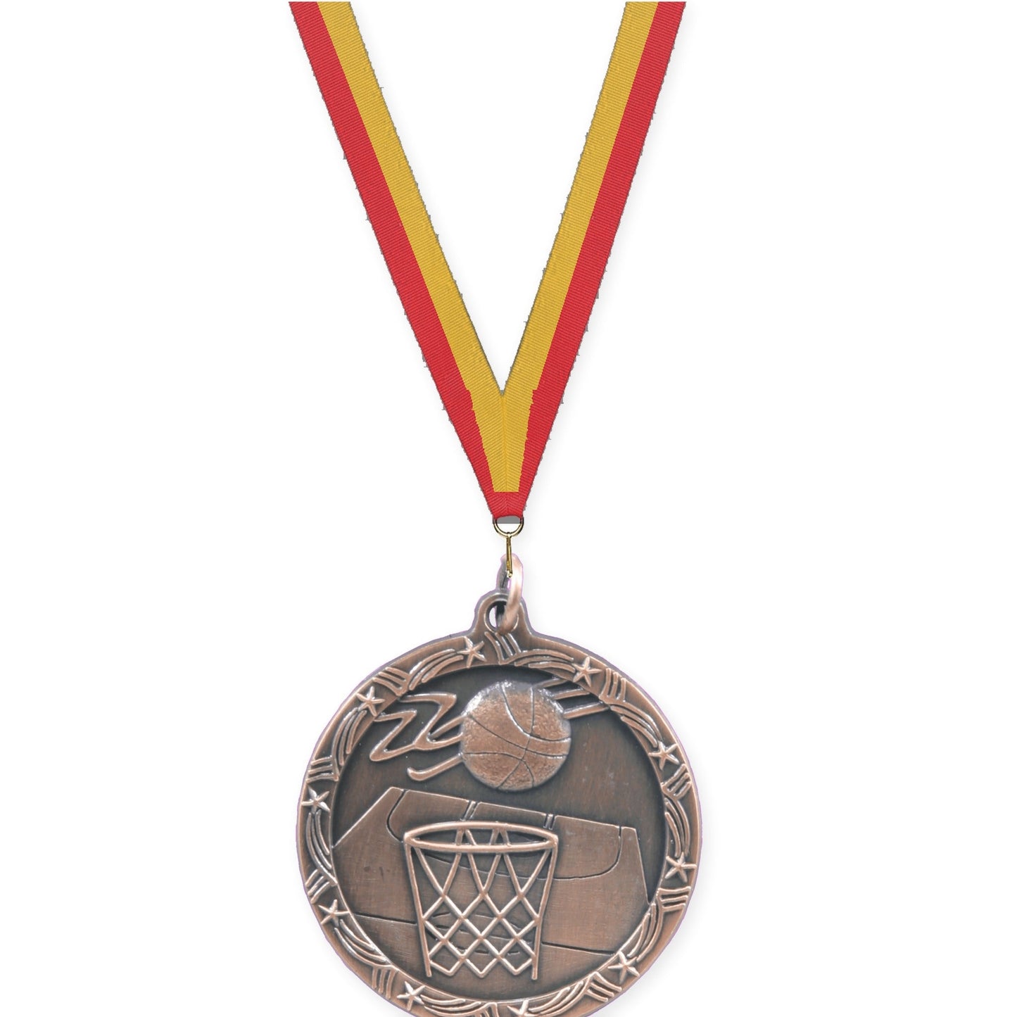 1 3/4 inch basketball Shooting Star medal in antique bronze with Red Gold neck ribbon