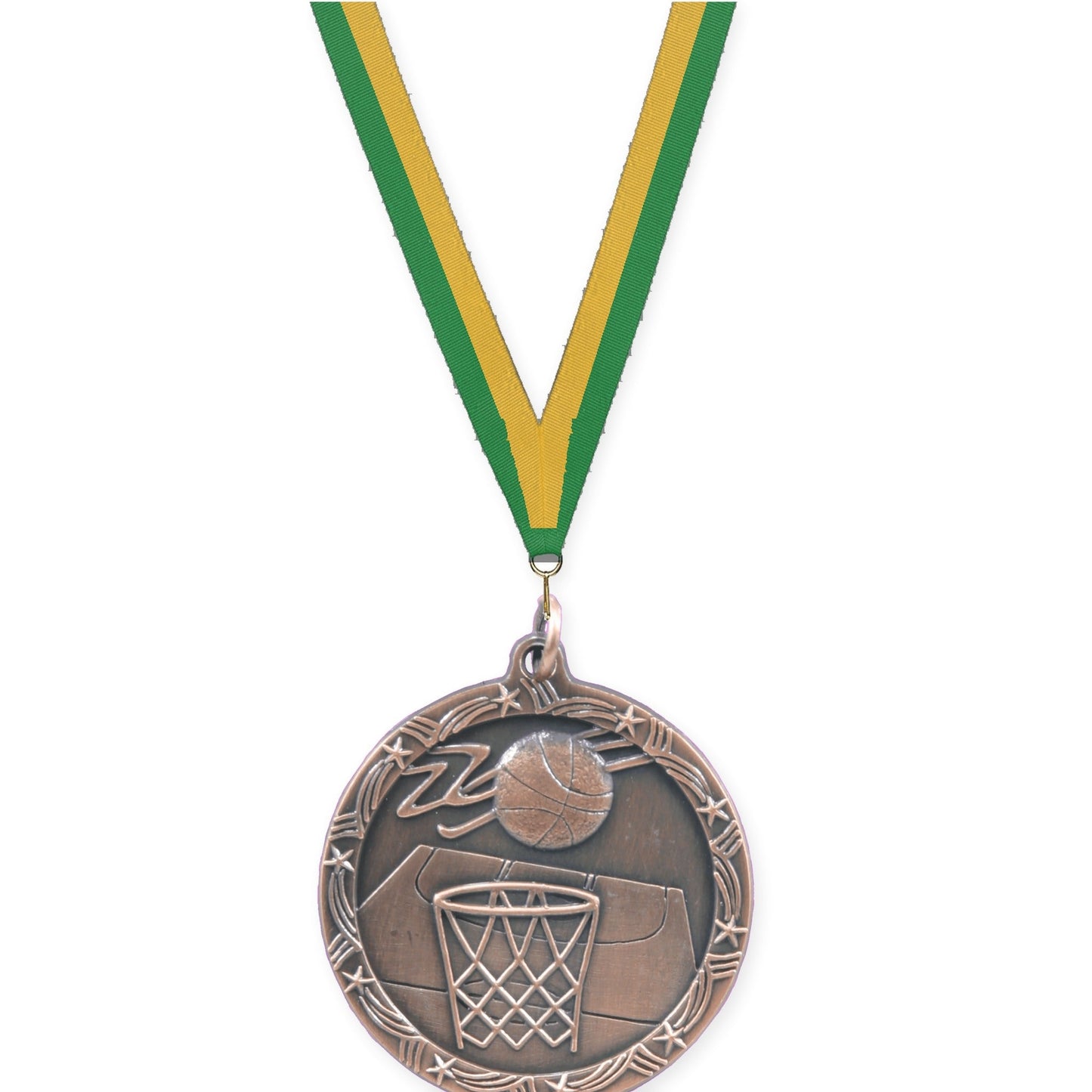 1 3/4 inch basketball Shooting Star medal in antique bronze with Green Gold neck ribbon