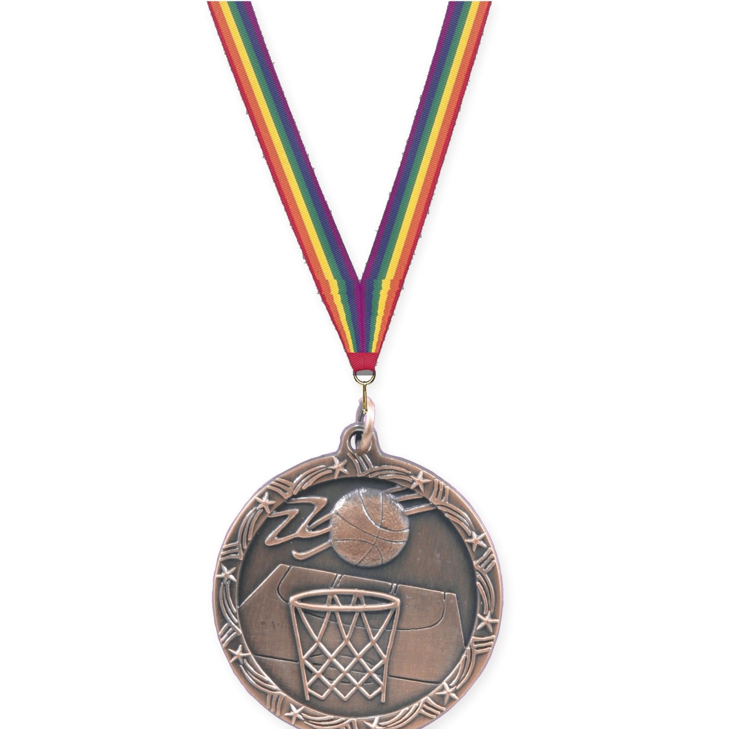 1 3/4 inch basketball Shooting Star medal in antique bronze with Rainbow neck ribbon
