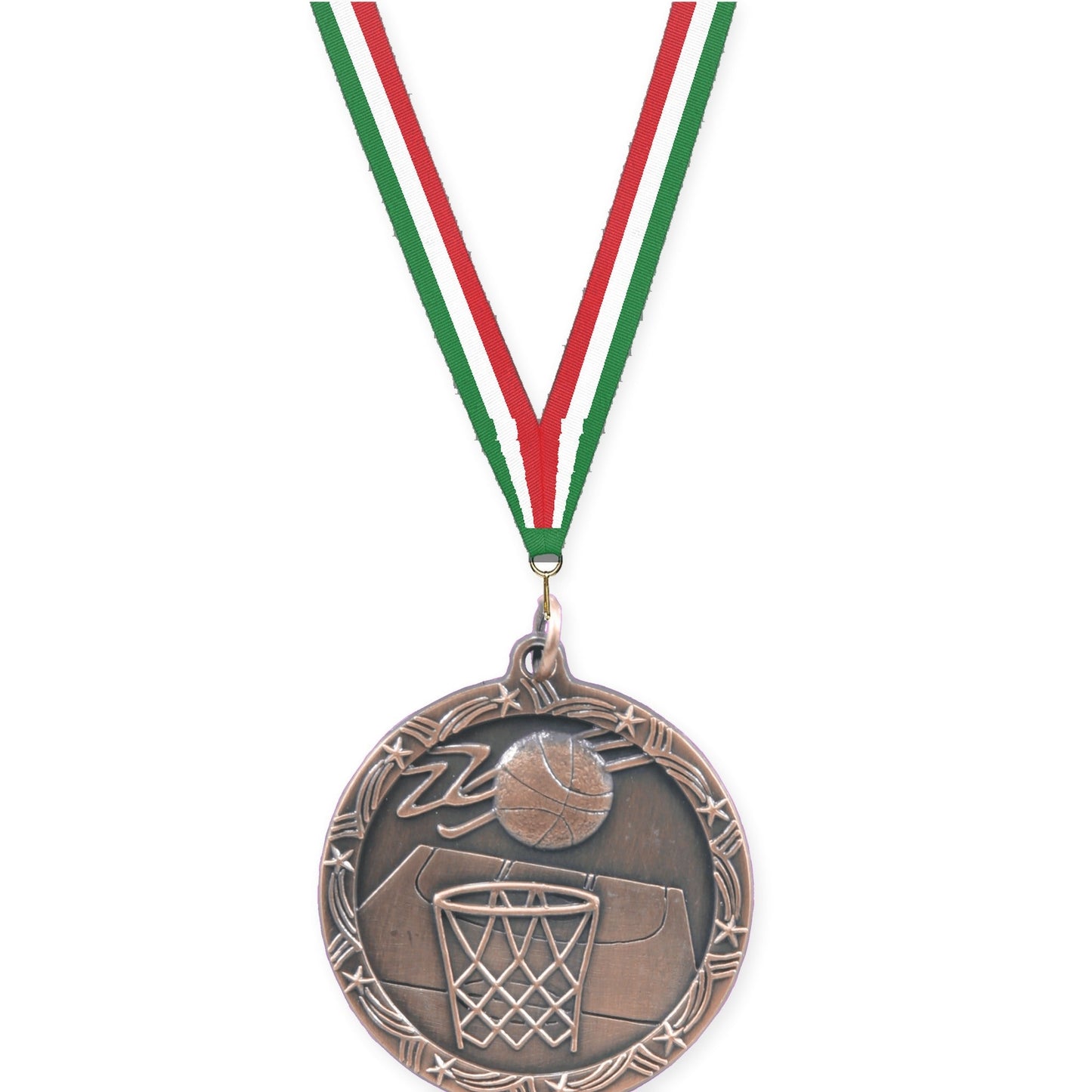 1 3/4 inch basketball Shooting Star medal in antique bronze with Green White Red neck ribbon