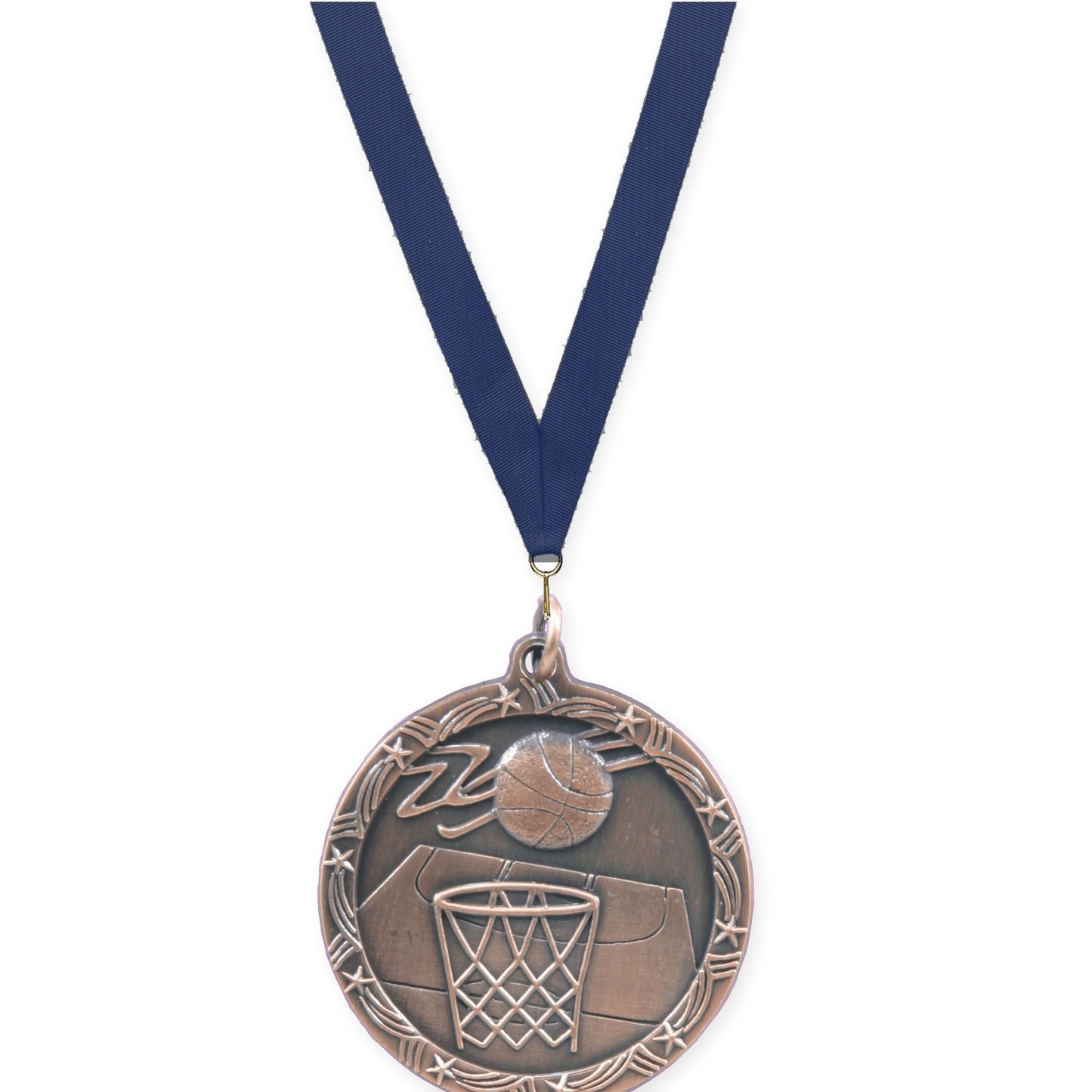1 3/4 inch basketball Shooting Star medal in antique bronze with Navy neck ribbon