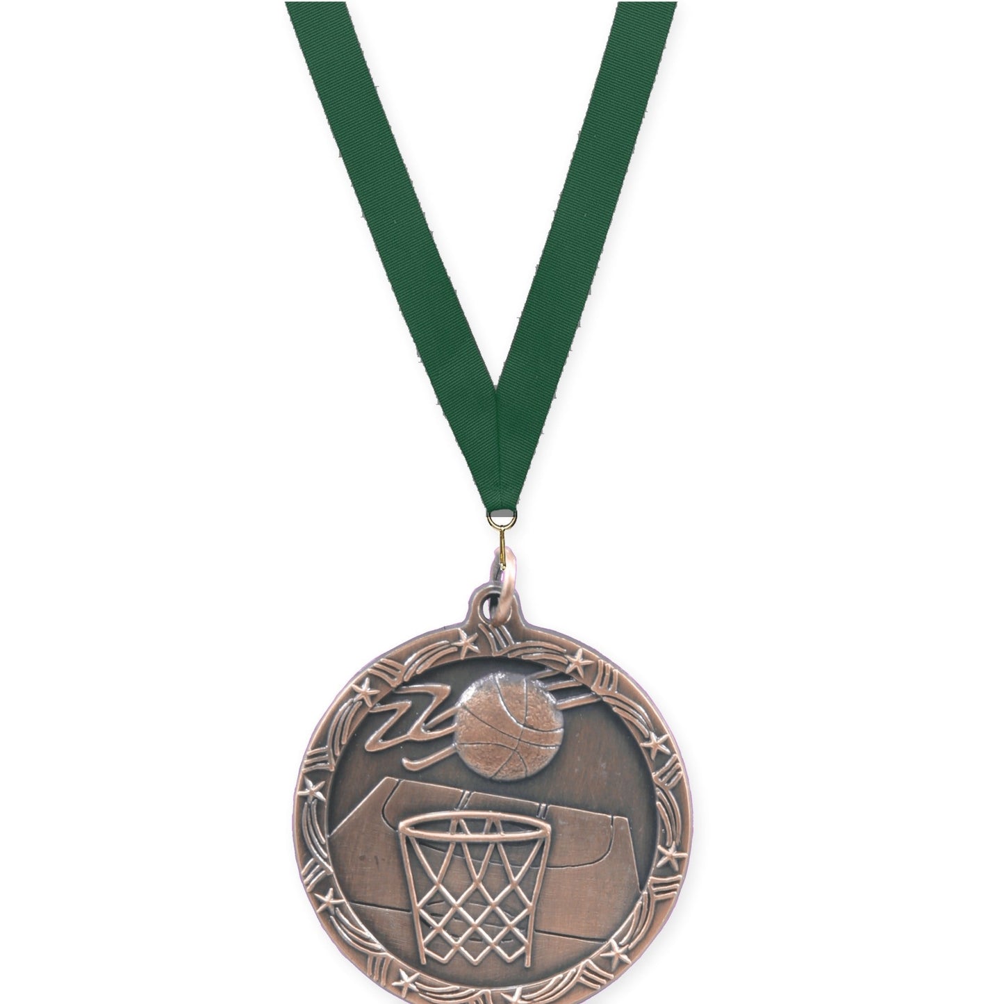 1 3/4 inch basketball Shooting Star medal in antique bronze with Hunter Green neck ribbon