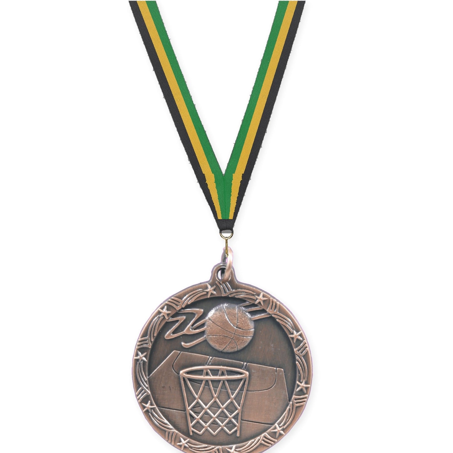 1 3/4 inch basketball Shooting Star medal in antique bronze with Black Gold Green neck ribbon