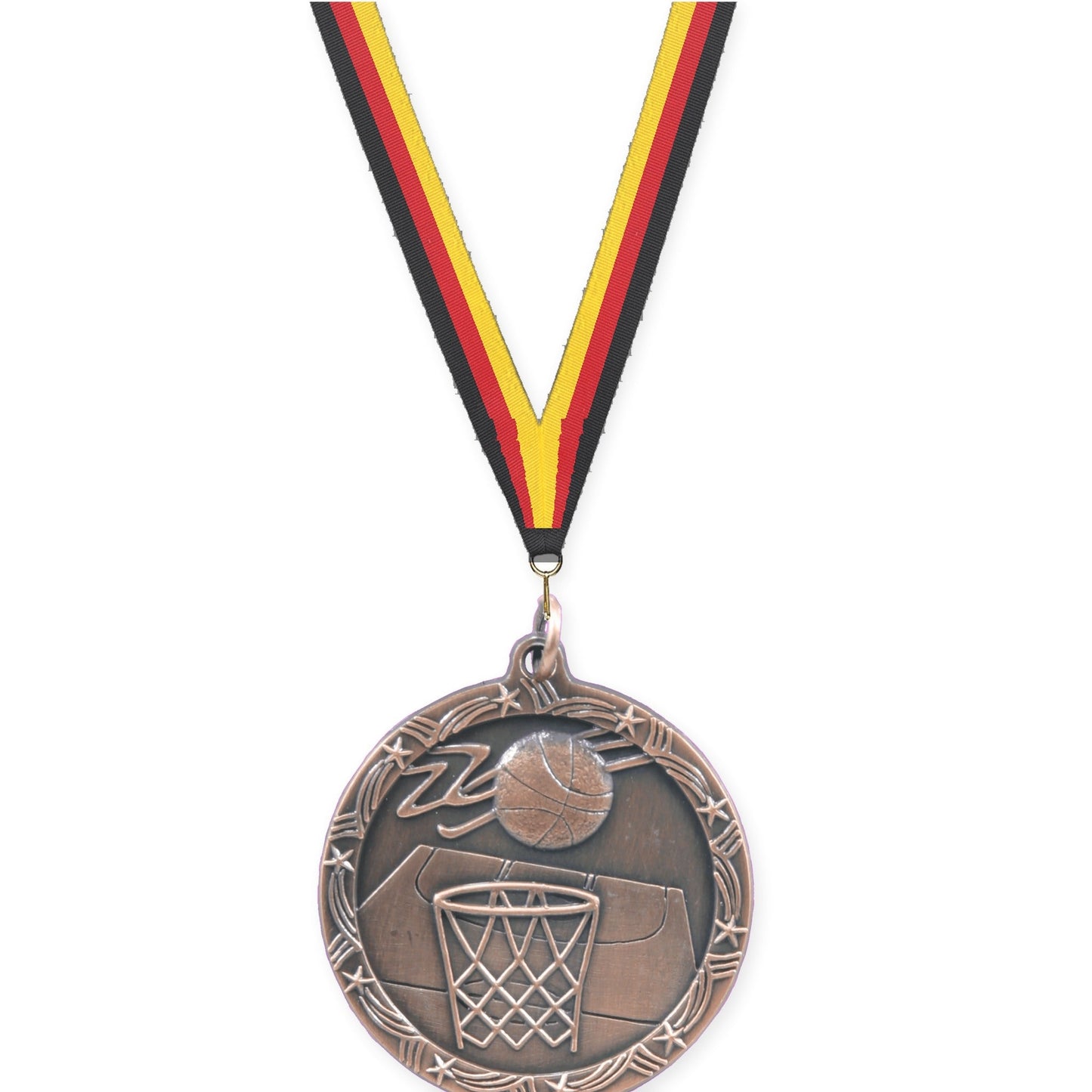 1 3/4 inch basketball Shooting Star medal in antique bronze with Black Red Yellow neck ribbon