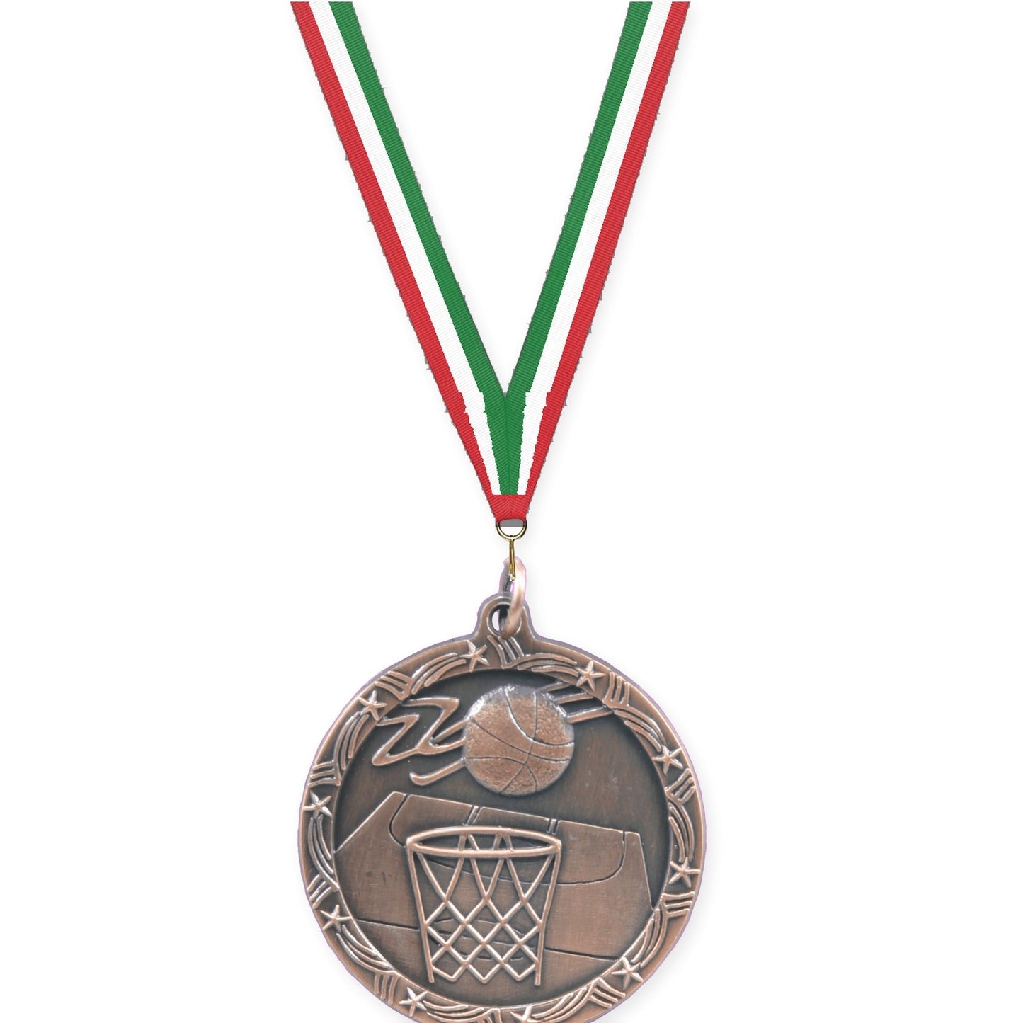 1 3/4 inch basketball Shooting Star medal in antique bronze with Red White Green neck ribbon