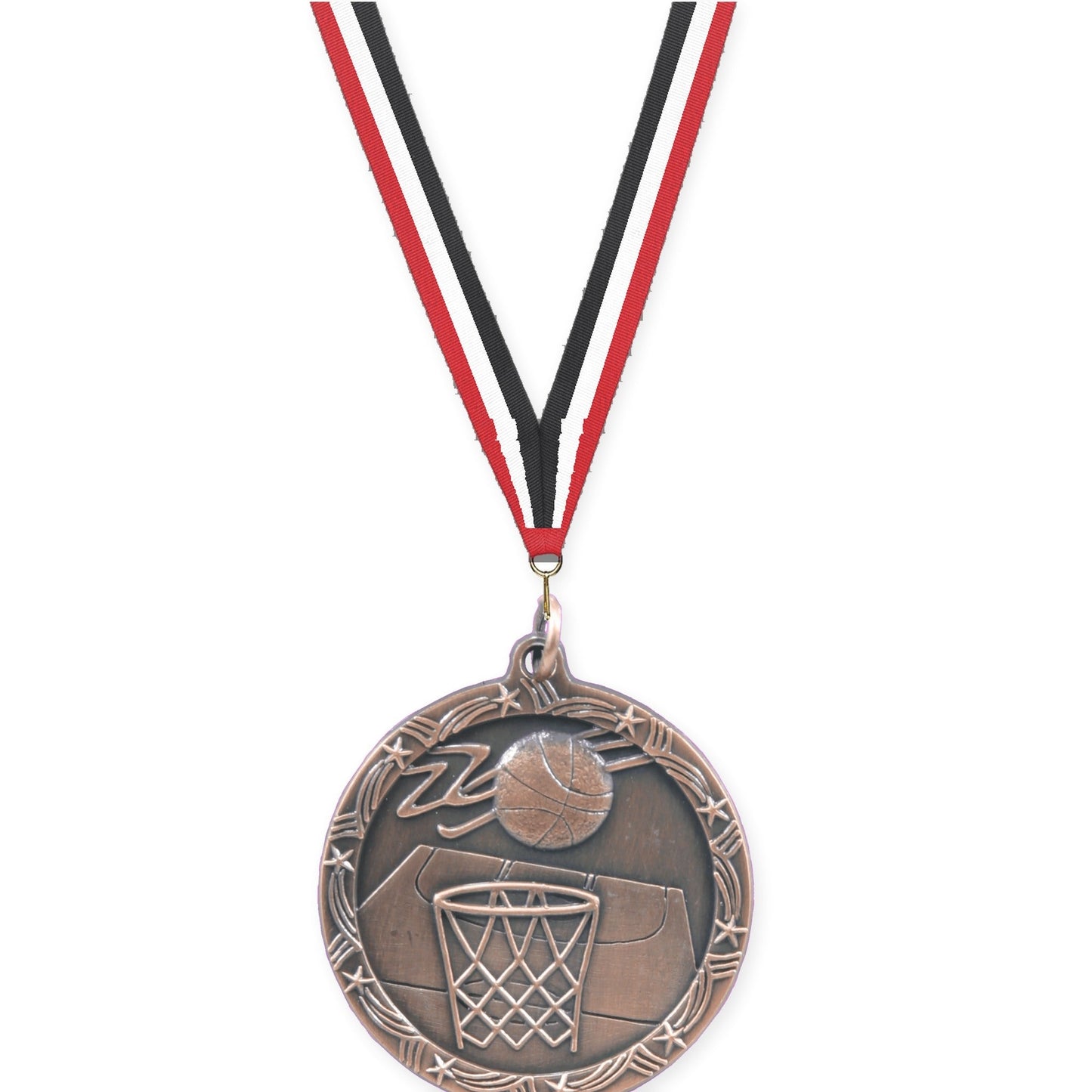 1 3/4 inch basketball Shooting Star medal in antique bronze with Red White Black neck ribbon
