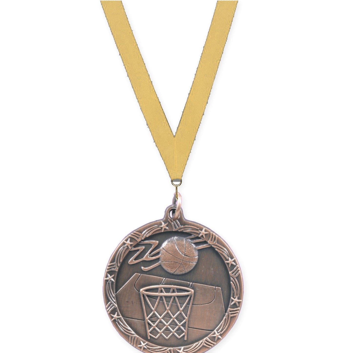 1 3/4 inch basketball Shooting Star medal in antique bronze with Gold Metallic neck ribbon