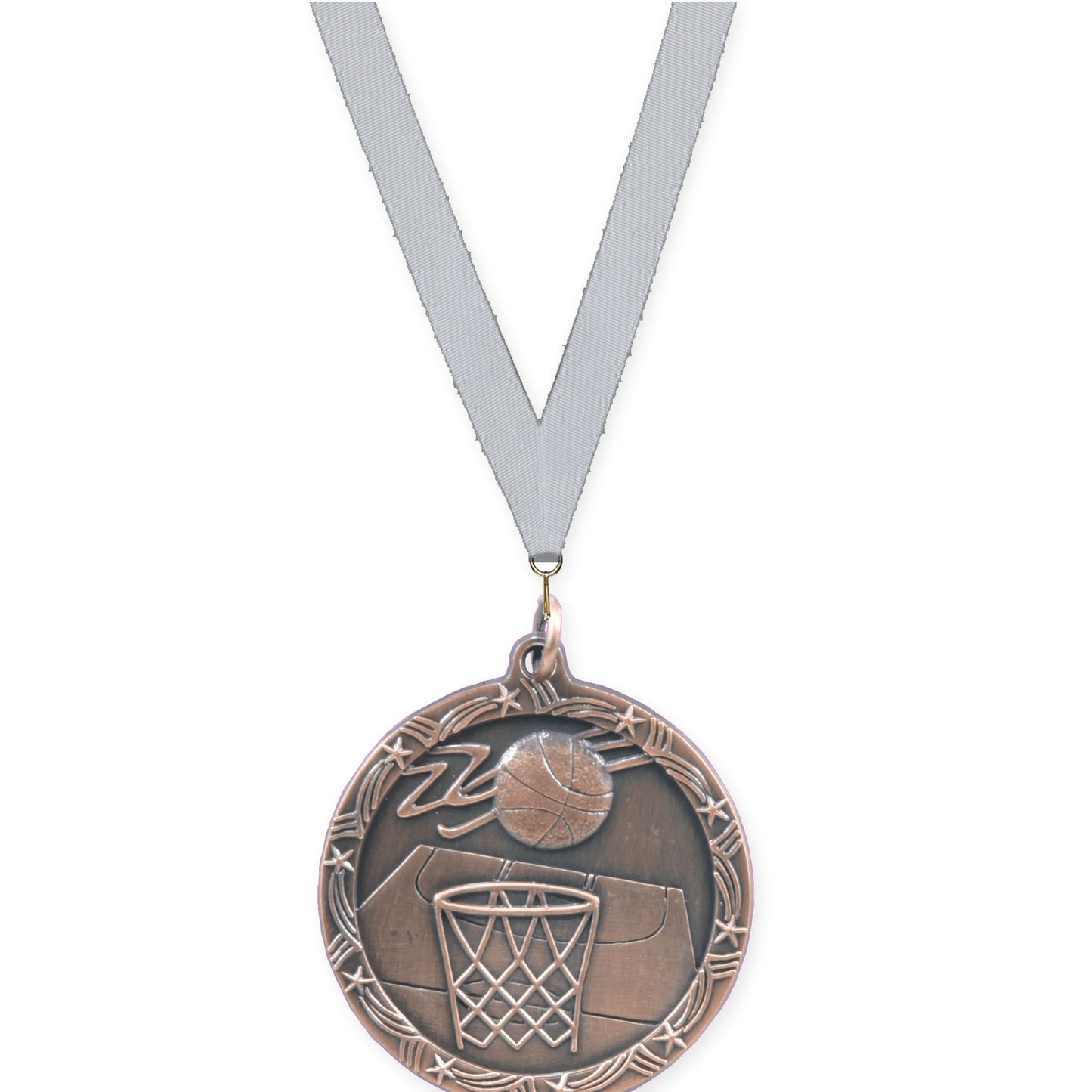 1 3/4 inch basketball Shooting Star medal in antique bronze with Silver Metallic neck ribbon