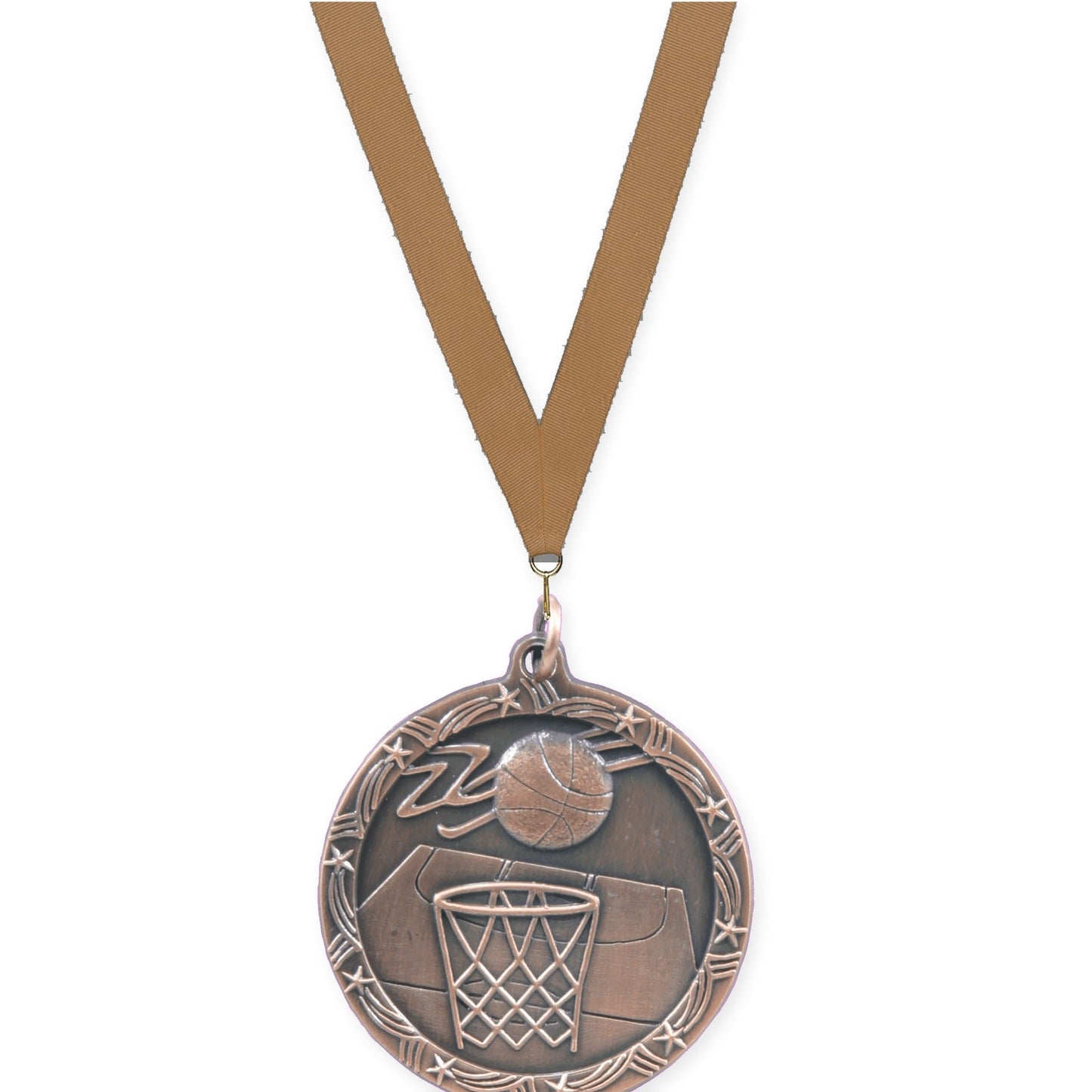 1 3/4 inch basketball Shooting Star medal in antique bronze with Bronze Metallic neck ribbon