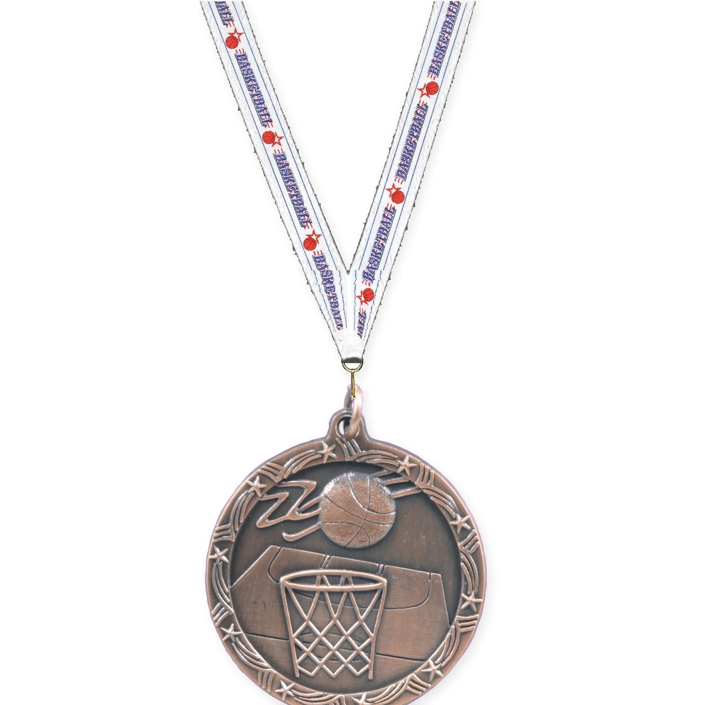 1 3/4 inch basketball Shooting Star medal in antique bronze with Basketball neck ribbon