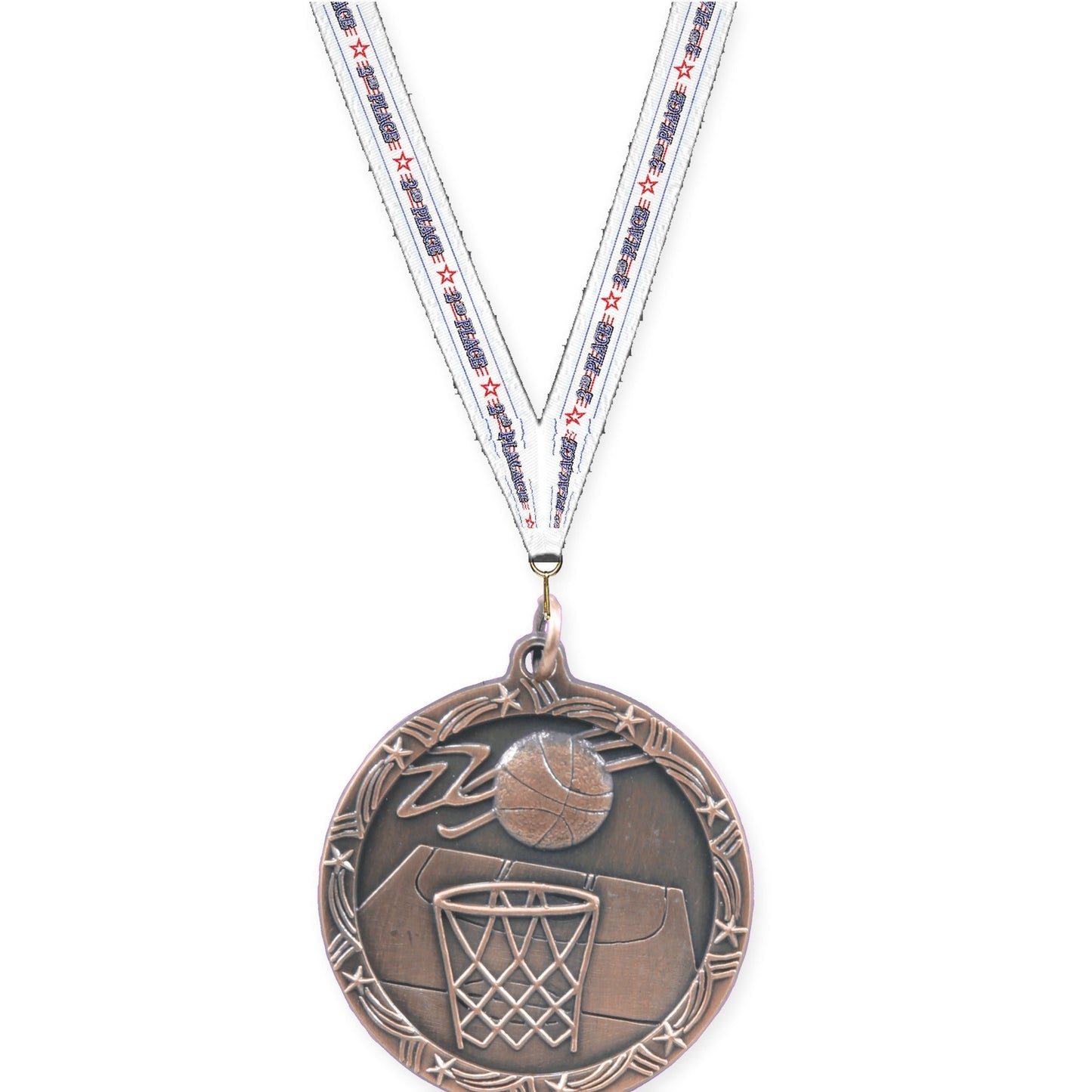 1 3/4 inch basketball Shooting Star medal in antique bronze with 2nd Place neck ribbon