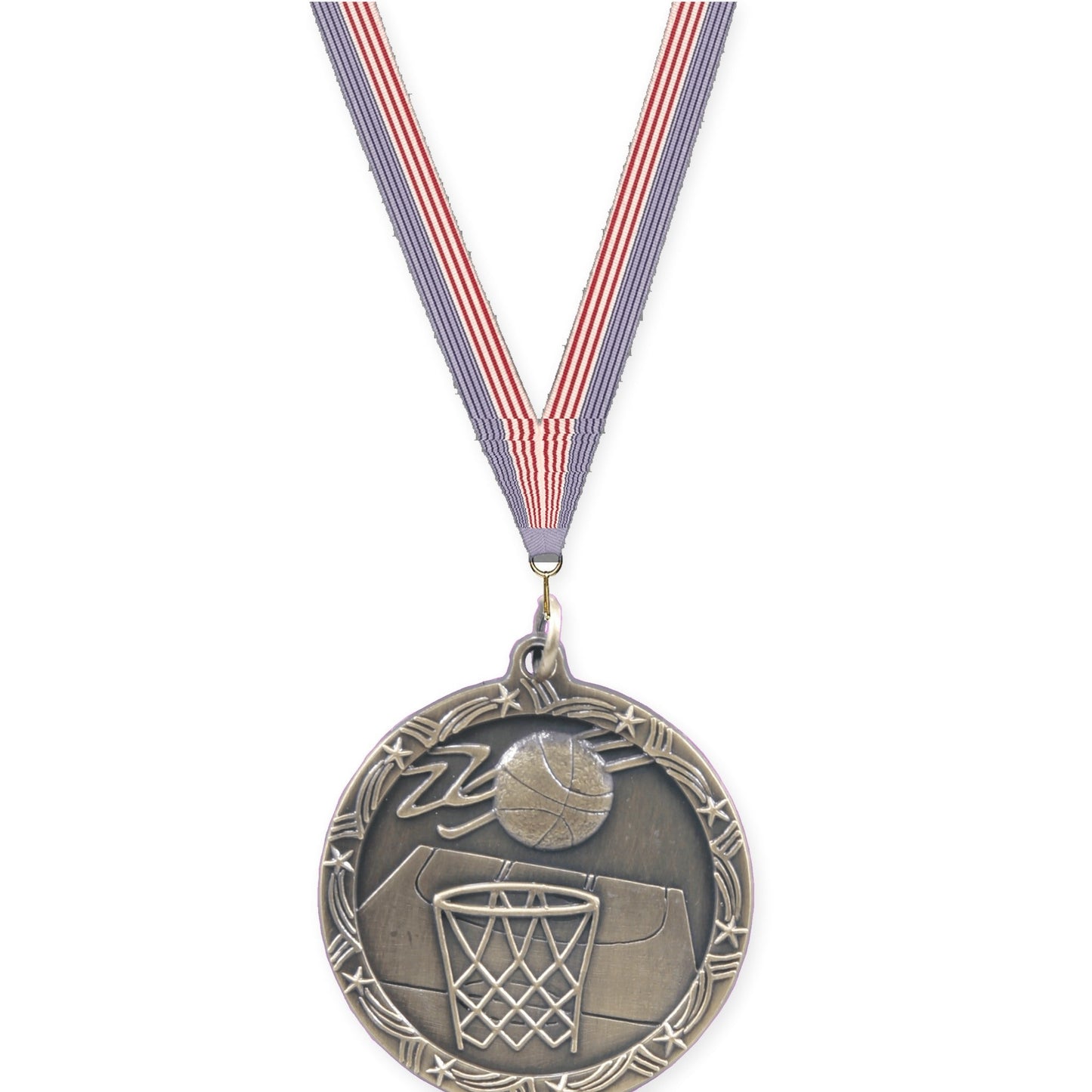 1 3/4 inch basketball Shooting Star medal in antique gold with USA Flag neck ribbon