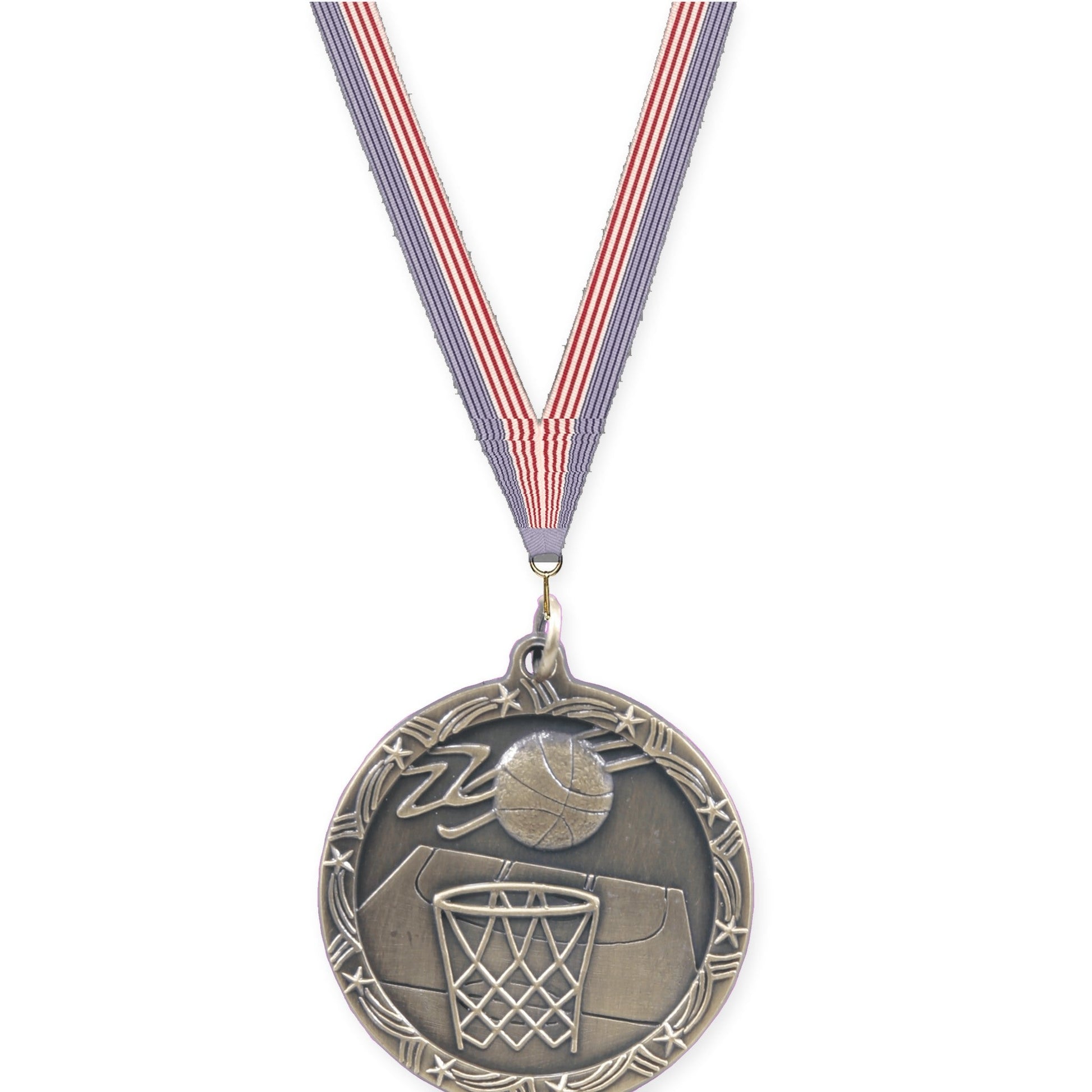 1 3/4 inch basketball Shooting Star medal in antique gold with USA Flag neck ribbon